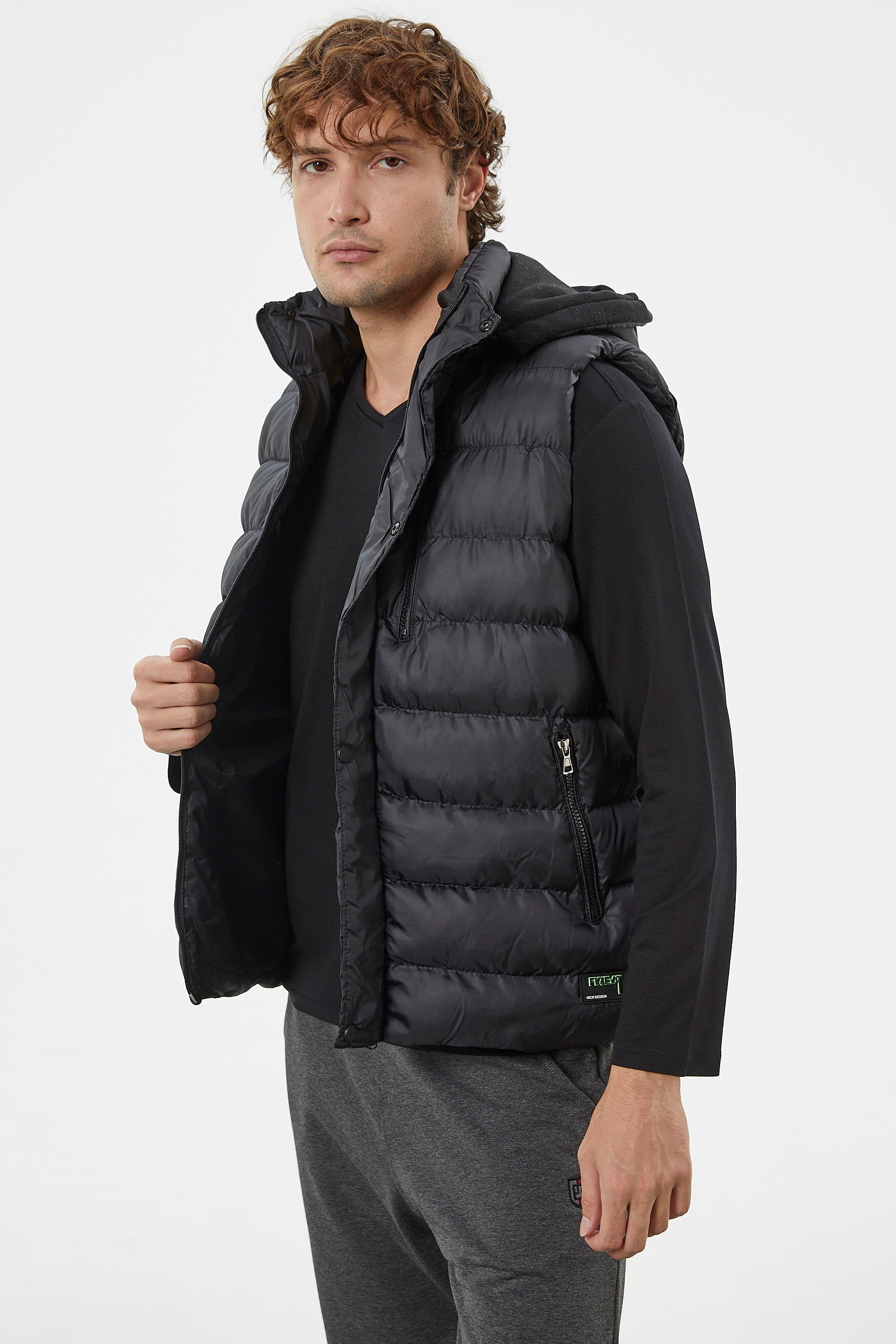 Çıkma Kapüşonlu Fermuarlı Şişme Yelek - Siyah (3) Sementa