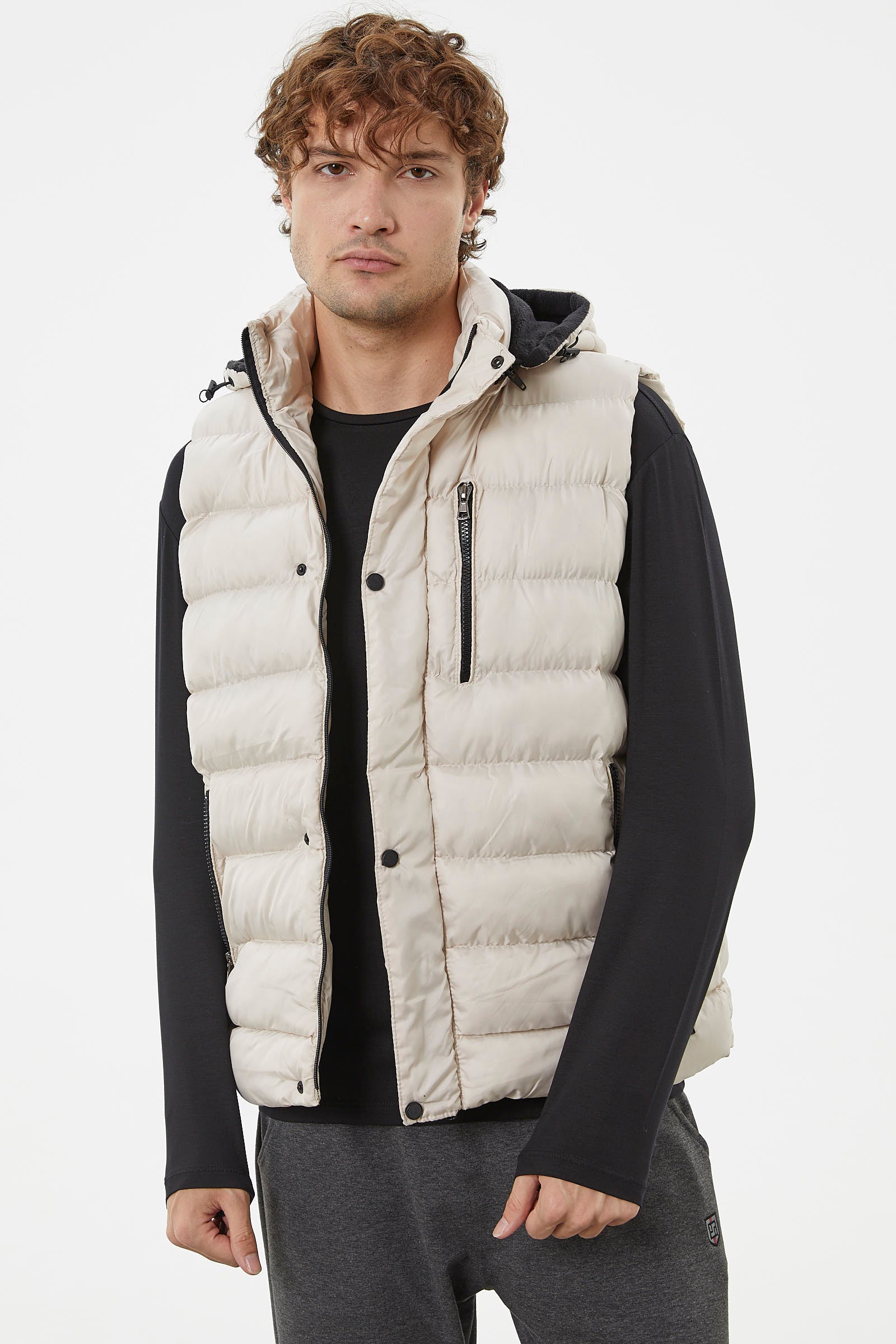 Çıkma Kapüşonlu Fermuarlı Şişme Yelek - Taş (1) Sementa