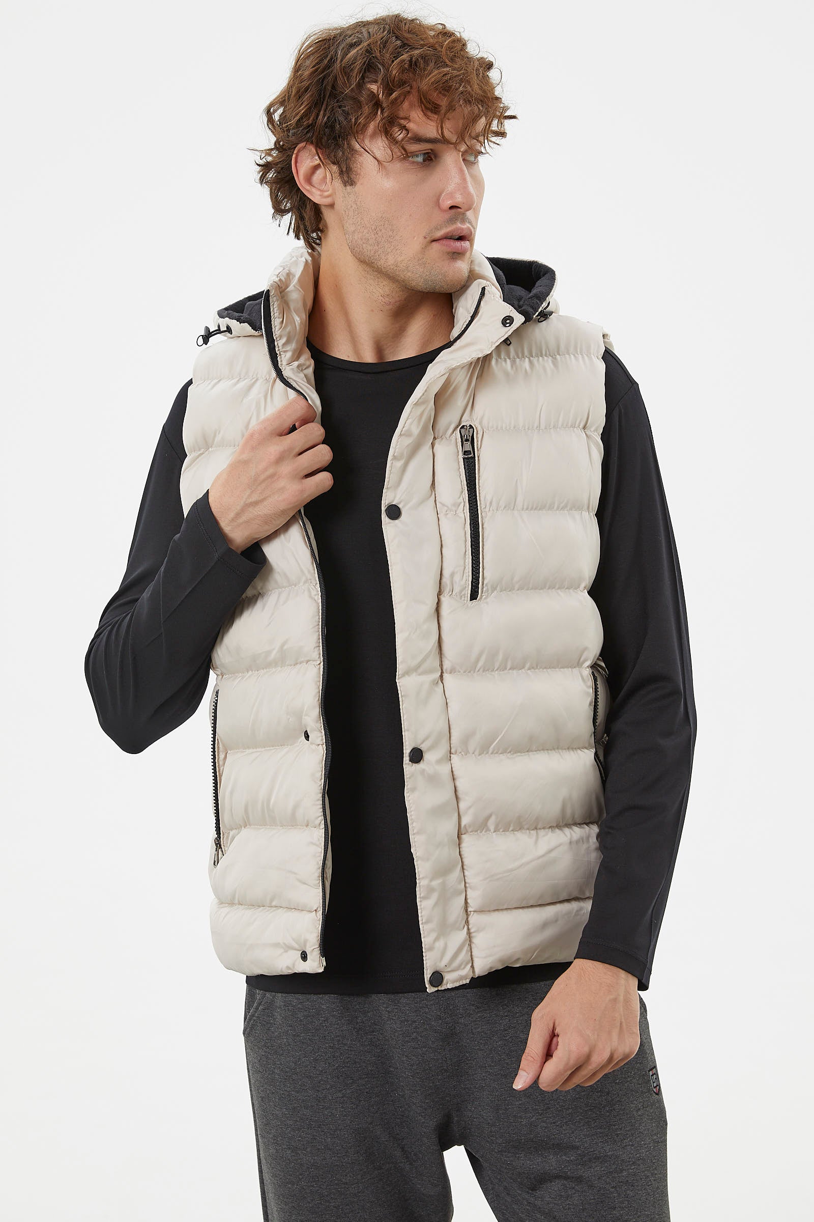 Çıkma Kapüşonlu Fermuarlı Şişme Yelek - Taş (2) Sementa