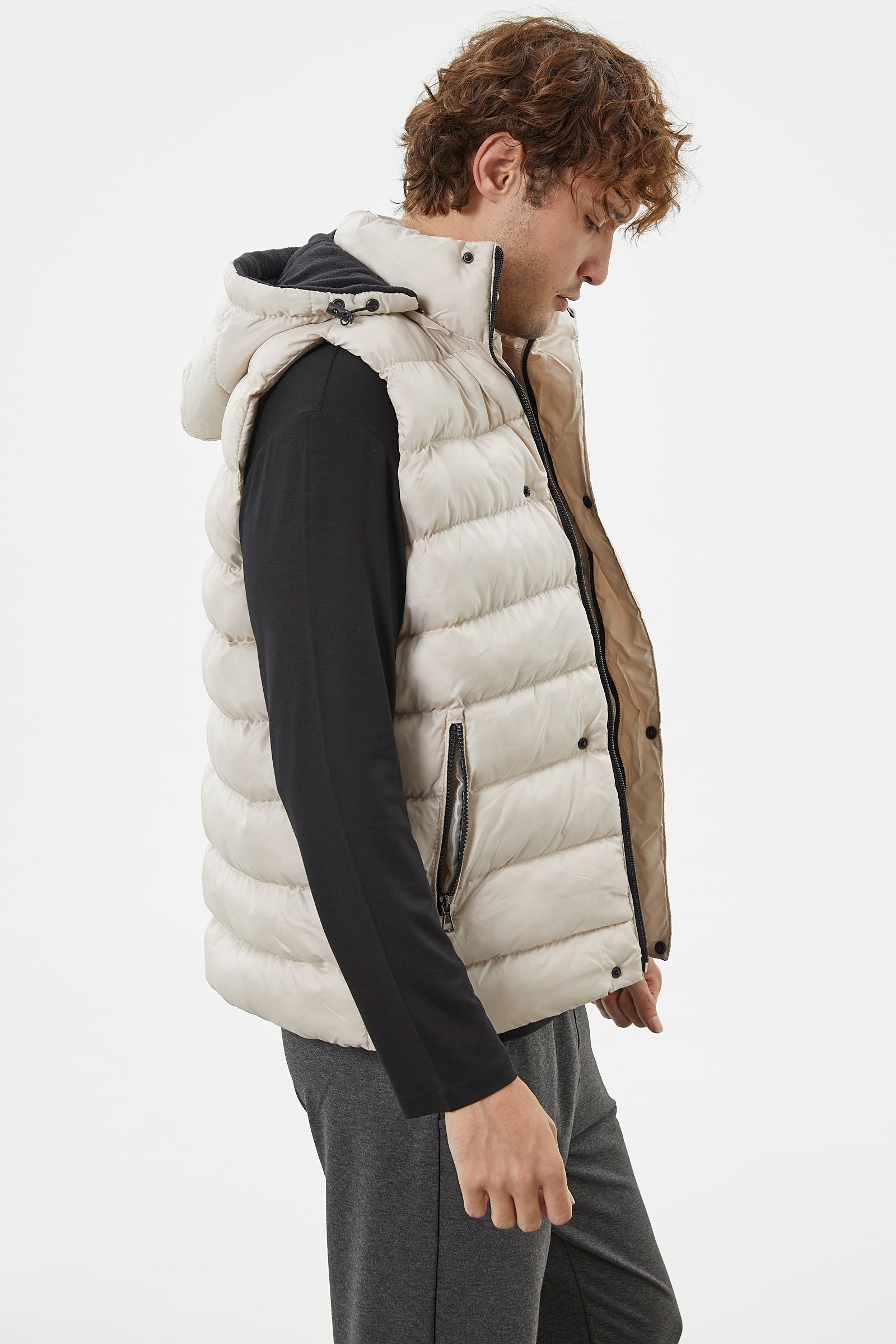 Çıkma Kapüşonlu Fermuarlı Şişme Yelek - Taş (6) Sementa