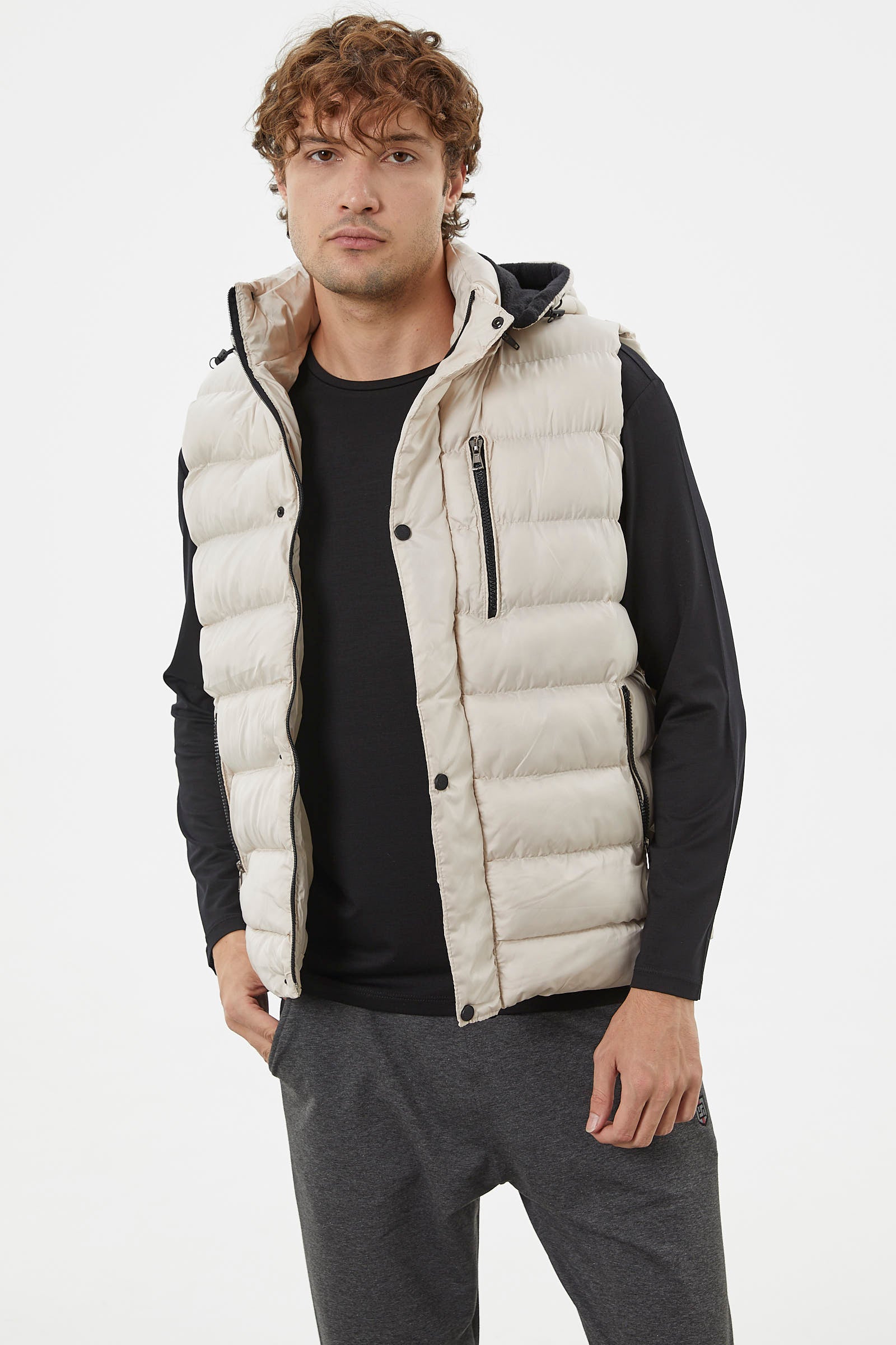 Çıkma Kapüşonlu Fermuarlı Şişme Yelek - Taş (5) Sementa