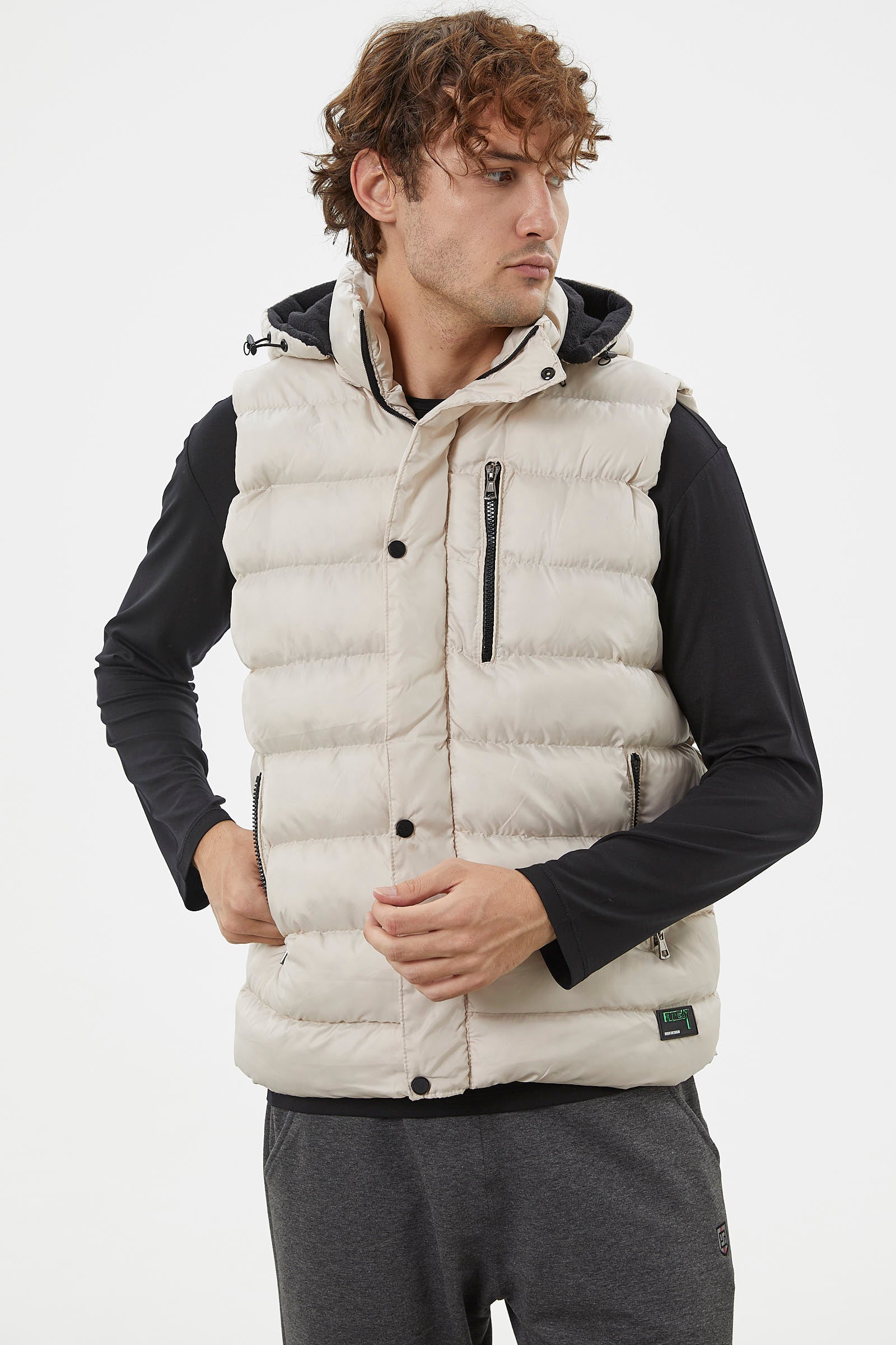 Çıkma Kapüşonlu Fermuarlı Şişme Yelek - Taş (3) Sementa