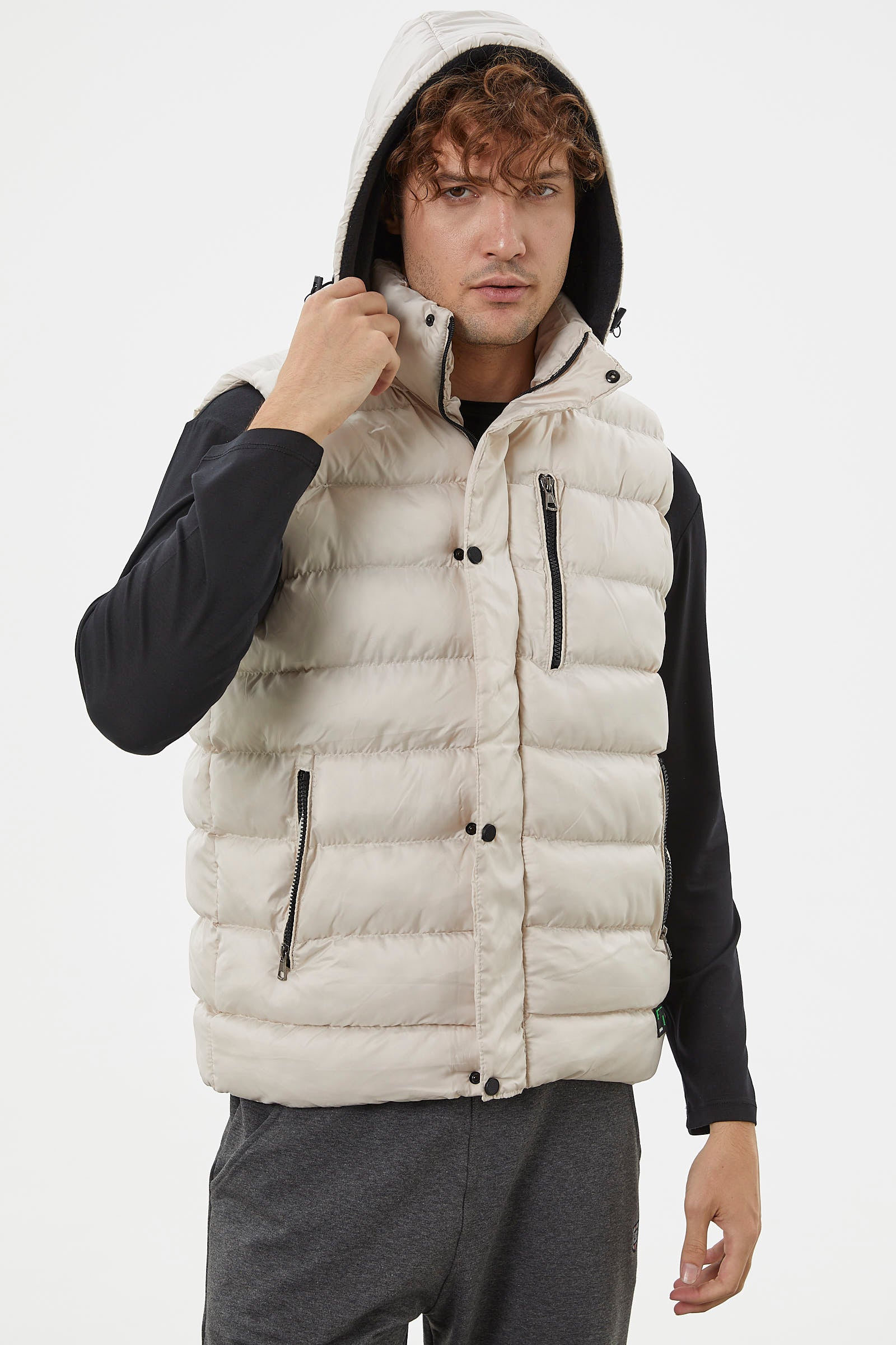 Çıkma Kapüşonlu Fermuarlı Şişme Yelek - Taş (4) Sementa