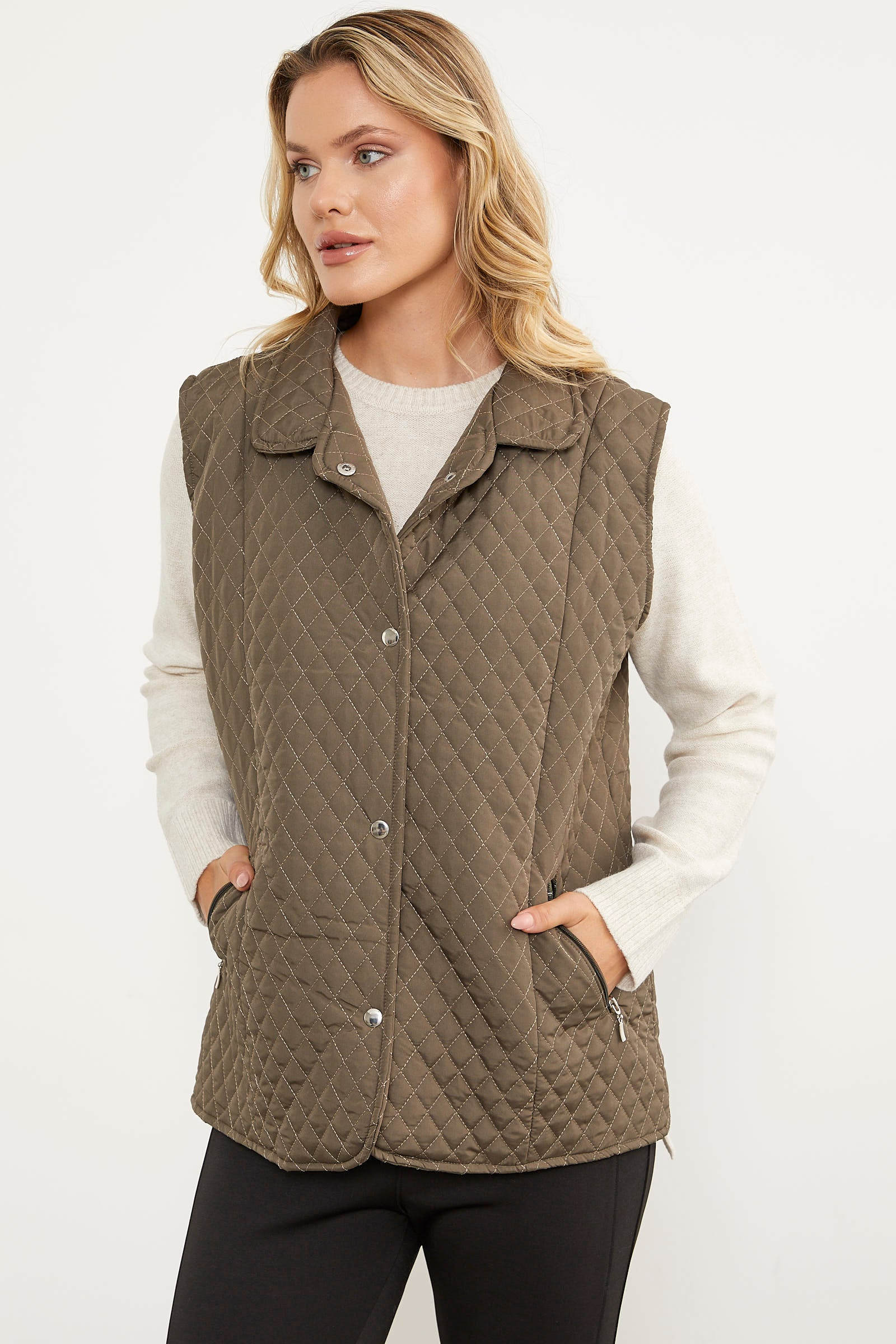 Çıt Çıtlı Fermuar Cepli Kapitone Yelek - Haki (2) Sementa