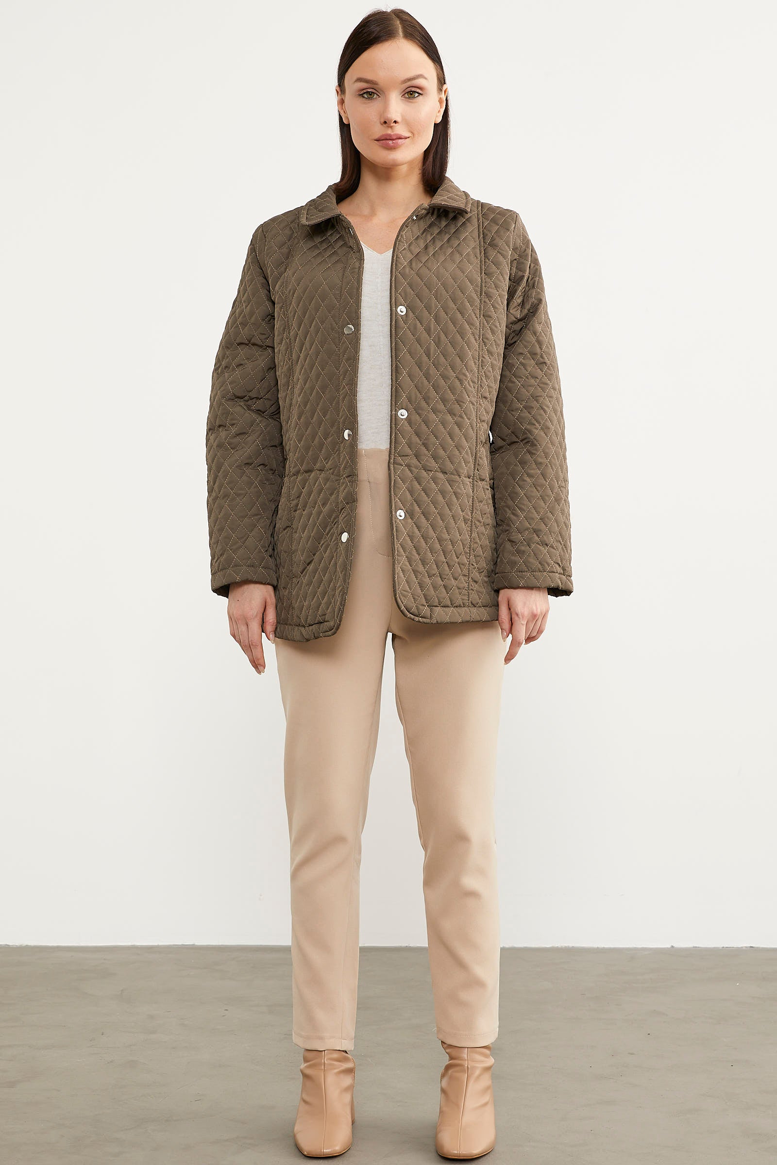 Çıt Çıtlı Gömlek Yaka Kapitone Mont - Haki (3) Sementa