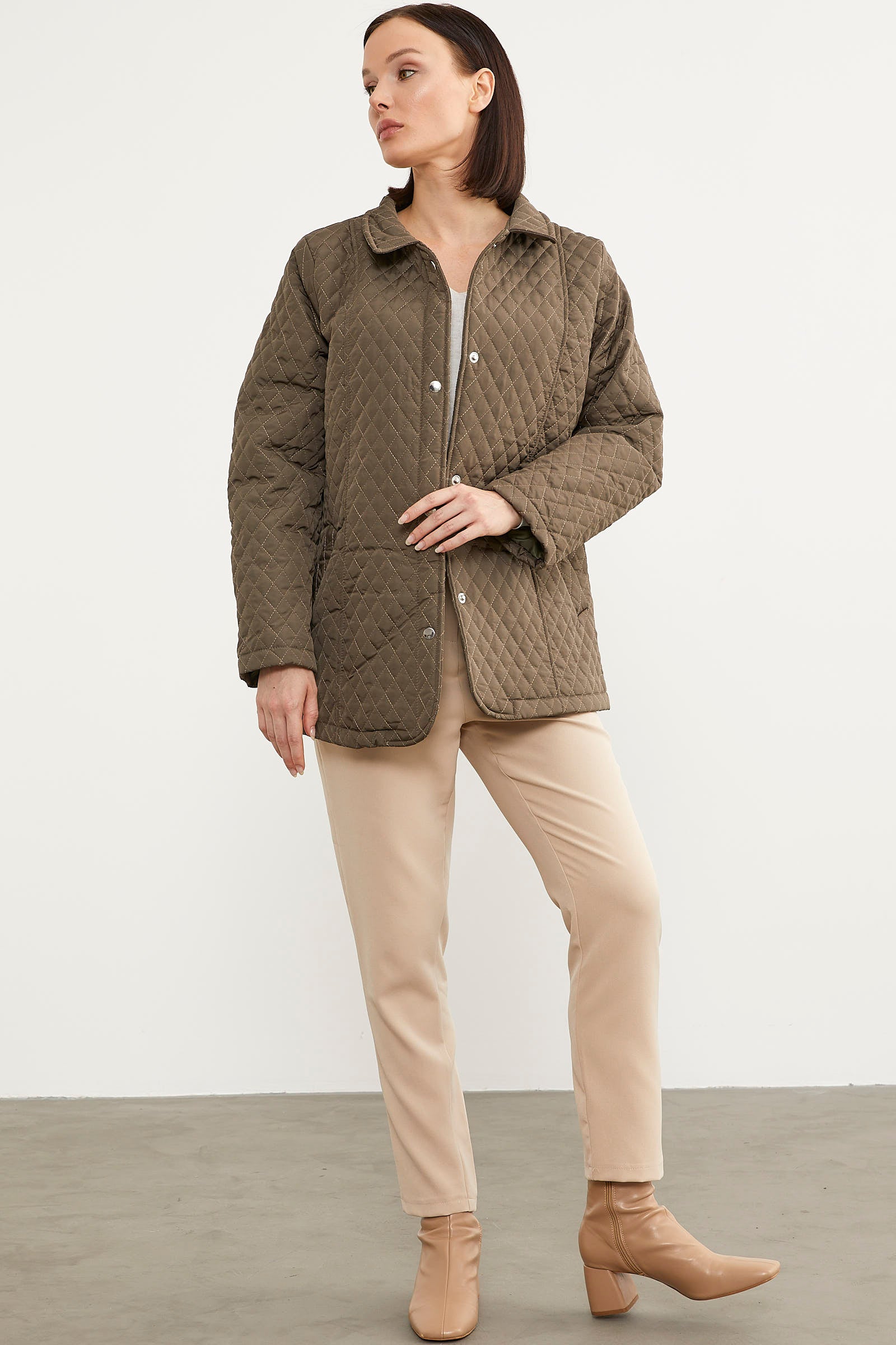 Çıt Çıtlı Gömlek Yaka Kapitone Mont - Haki (2) Sementa