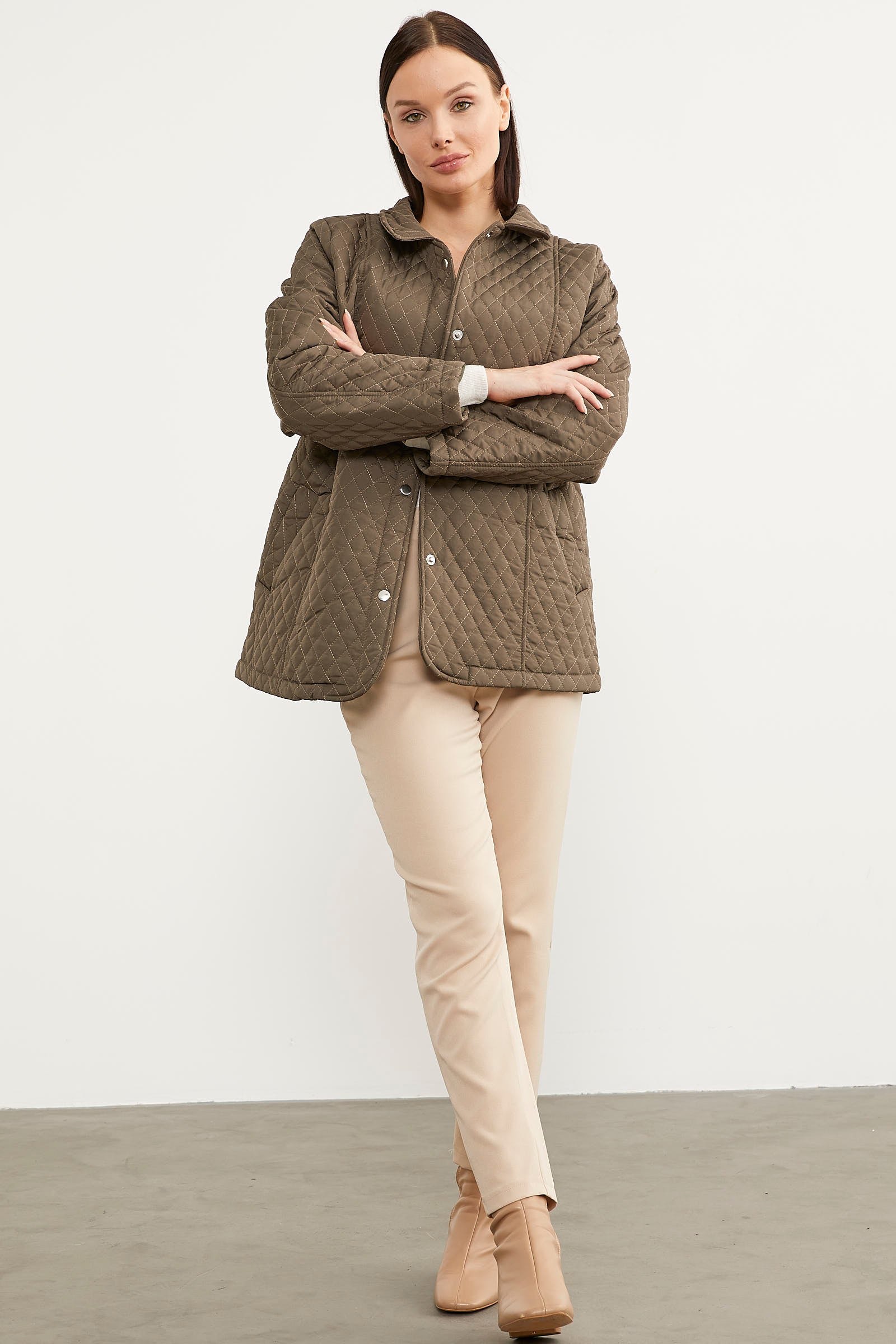 Çıt Çıtlı Gömlek Yaka Kapitone Mont - Haki (1) Sementa