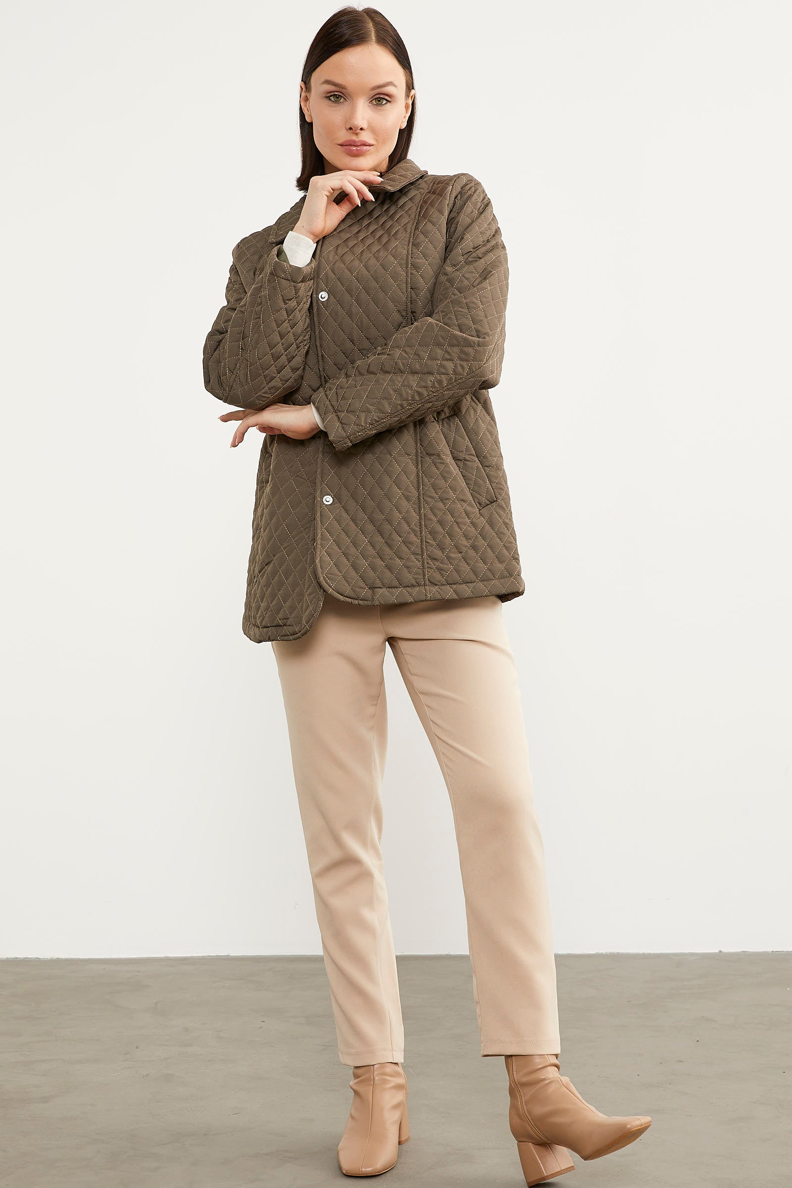 Çıt Çıtlı Gömlek Yaka Kapitone Mont - Haki (4) Sementa