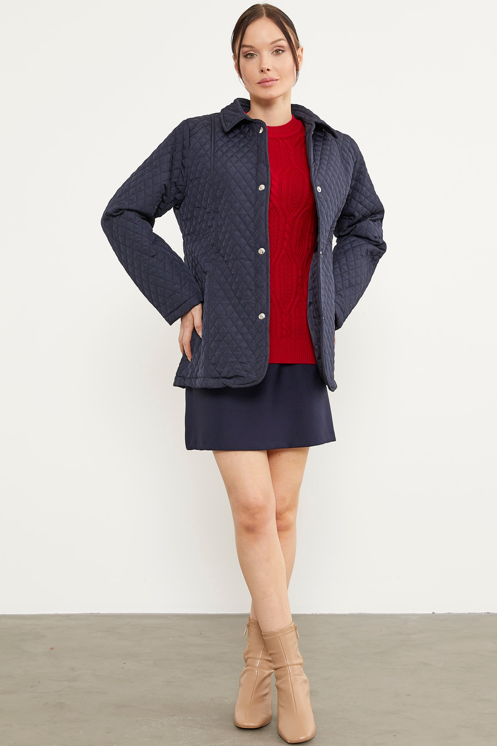 Çıt Çıtlı Gömlek Yaka Kapitone Mont - Lacivert (3) Sementa