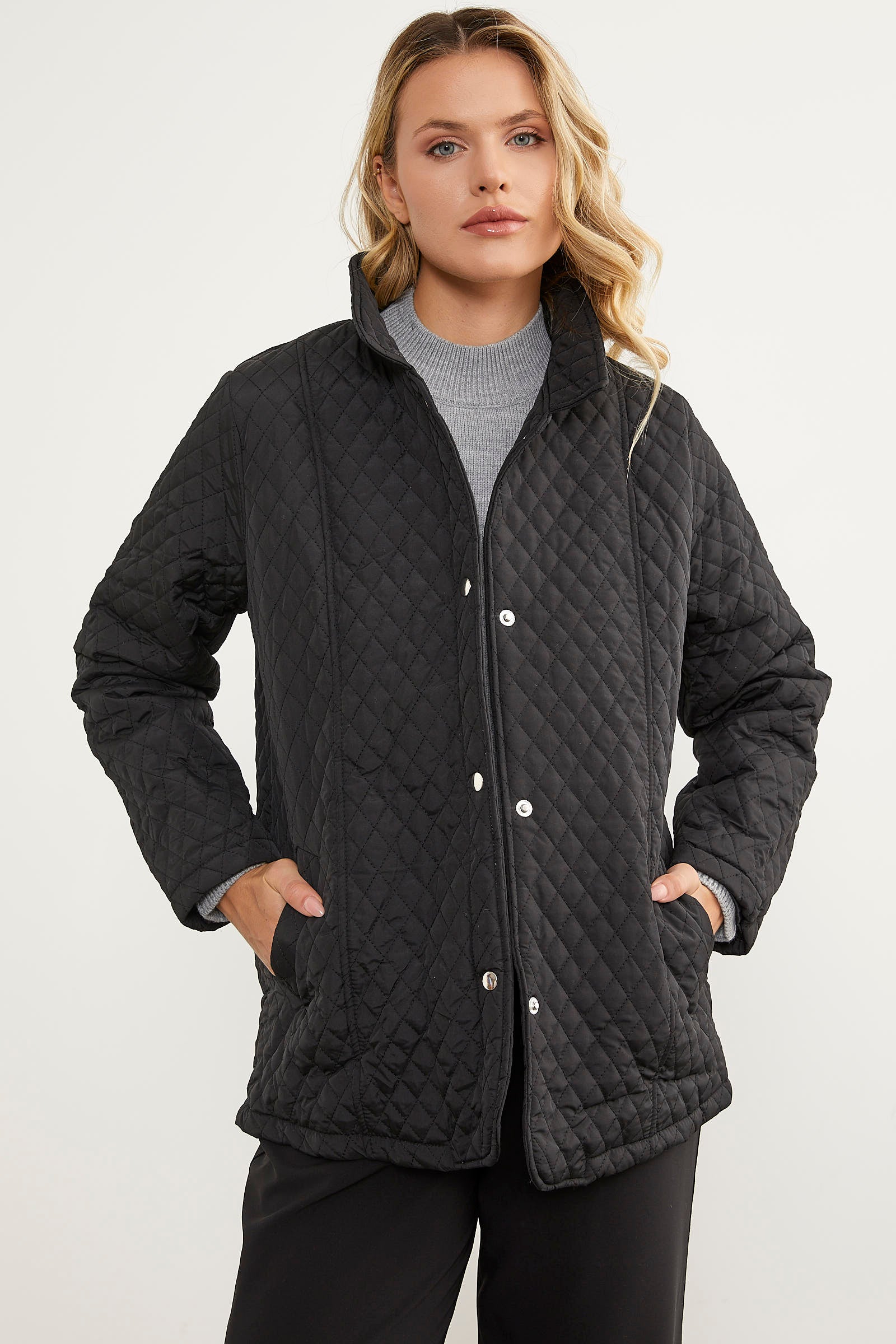 Çıt Çıtlı Gömlek Yaka Kapitone Mont - Siyah (1) Sementa