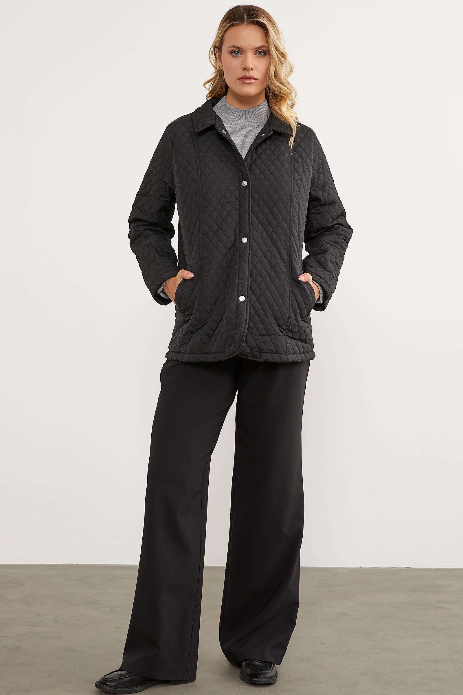 Çıt Çıtlı Gömlek Yaka Kapitone Mont - Siyah (6) Sementa