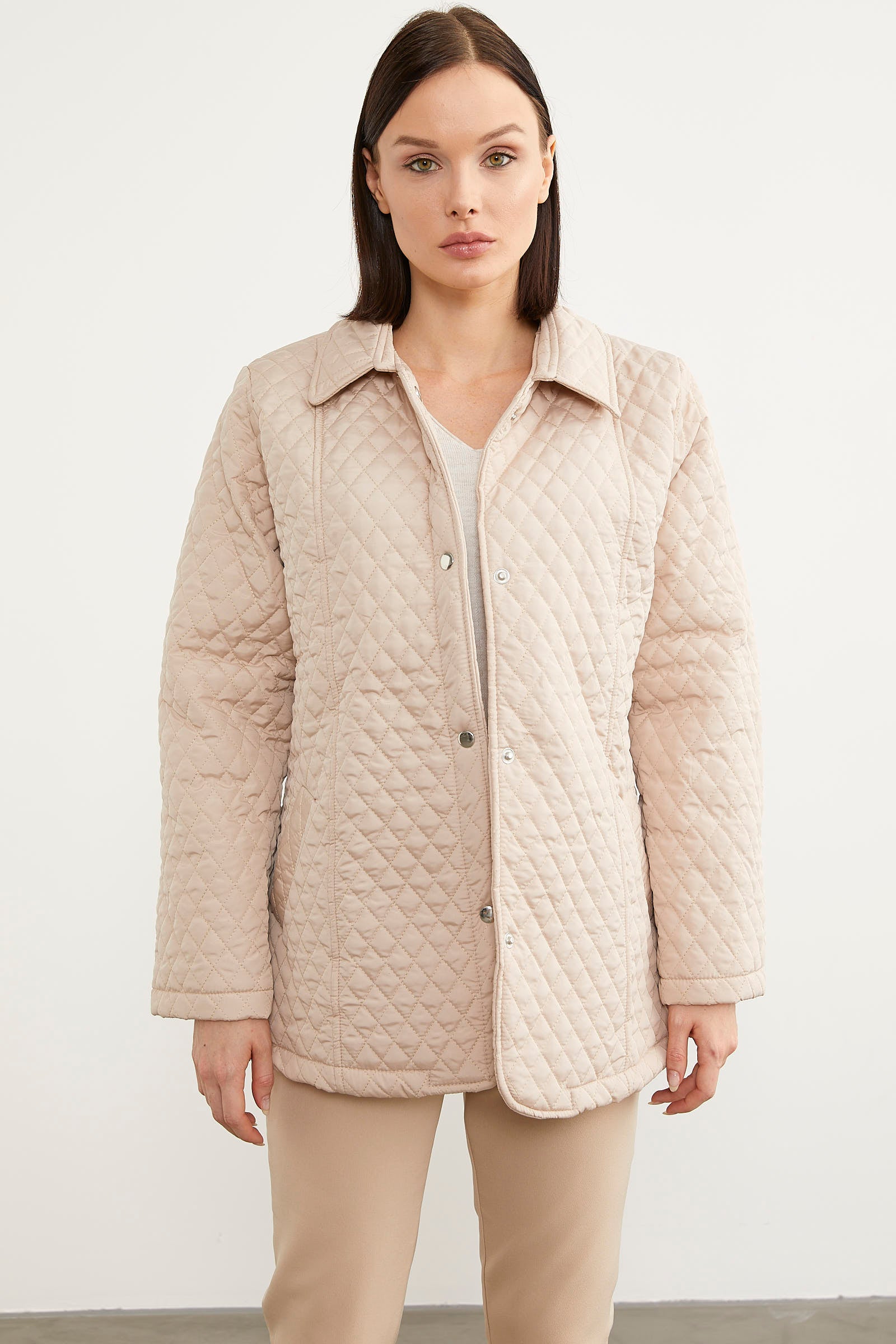 Çıt Çıtlı Gömlek Yaka Kapitone Mont - Taş (1) Sementa