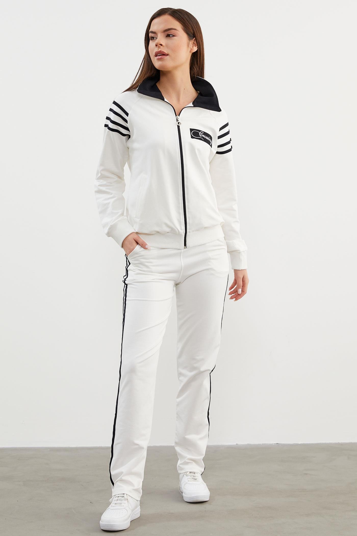 Çizgi Detaylı Dik Yaka Eşofman Takım - Ekru (2) Sementa