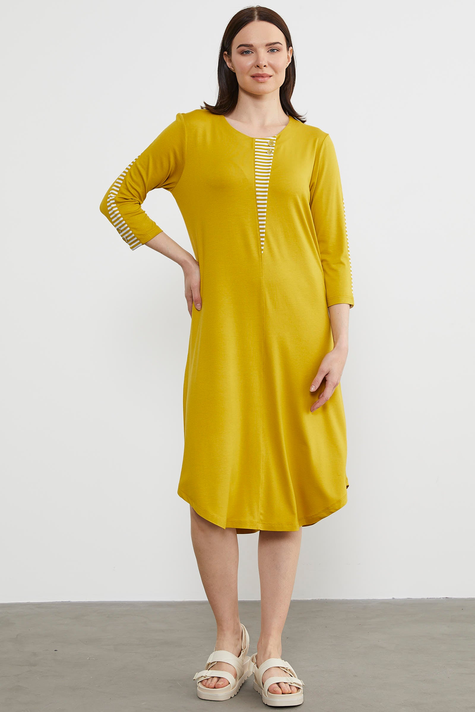 Çizgi Detaylı Dökümlü Penye Elbise - Hardal (2) Sementa