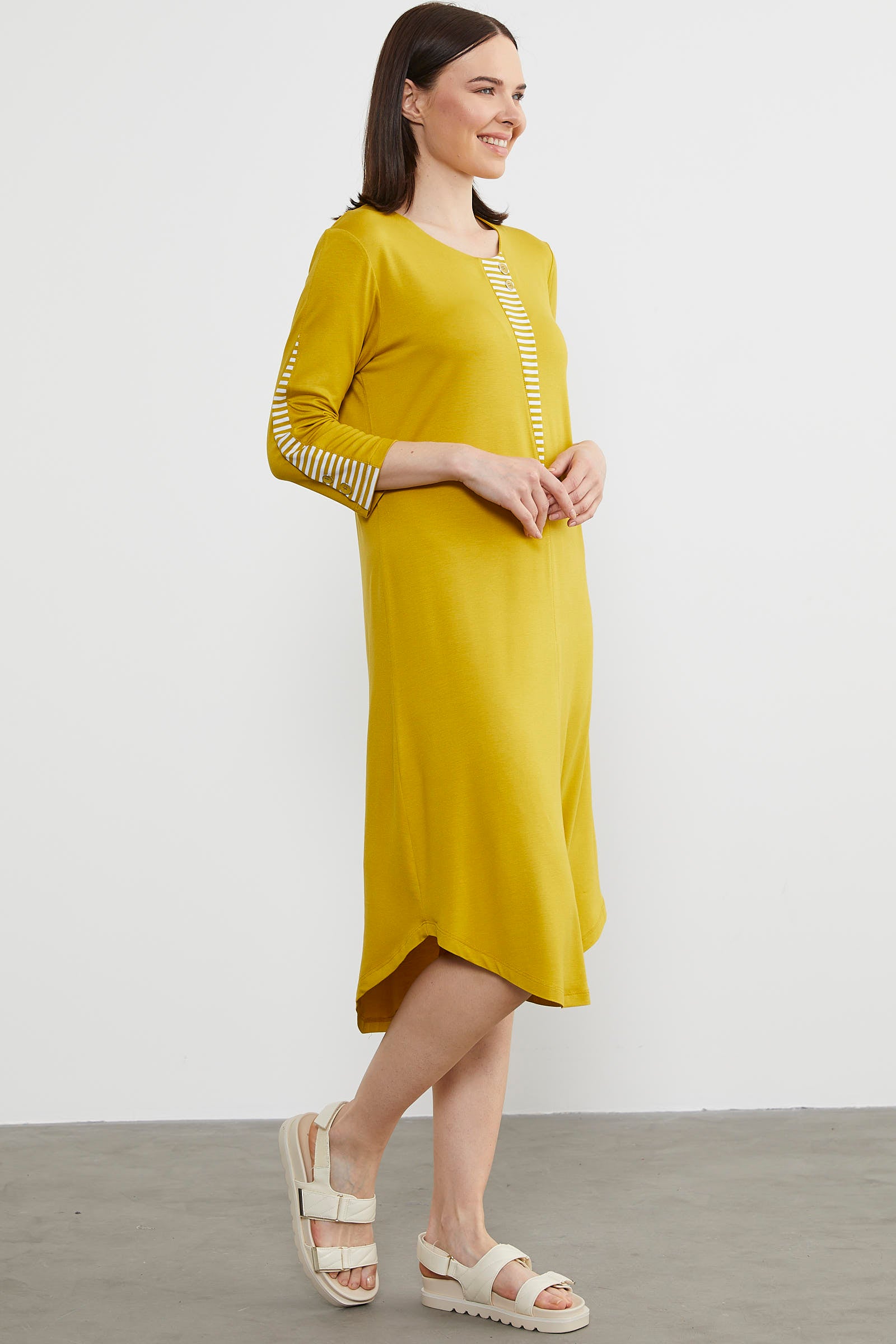 Çizgi Detaylı Dökümlü Penye Elbise - Hardal (5) Sementa