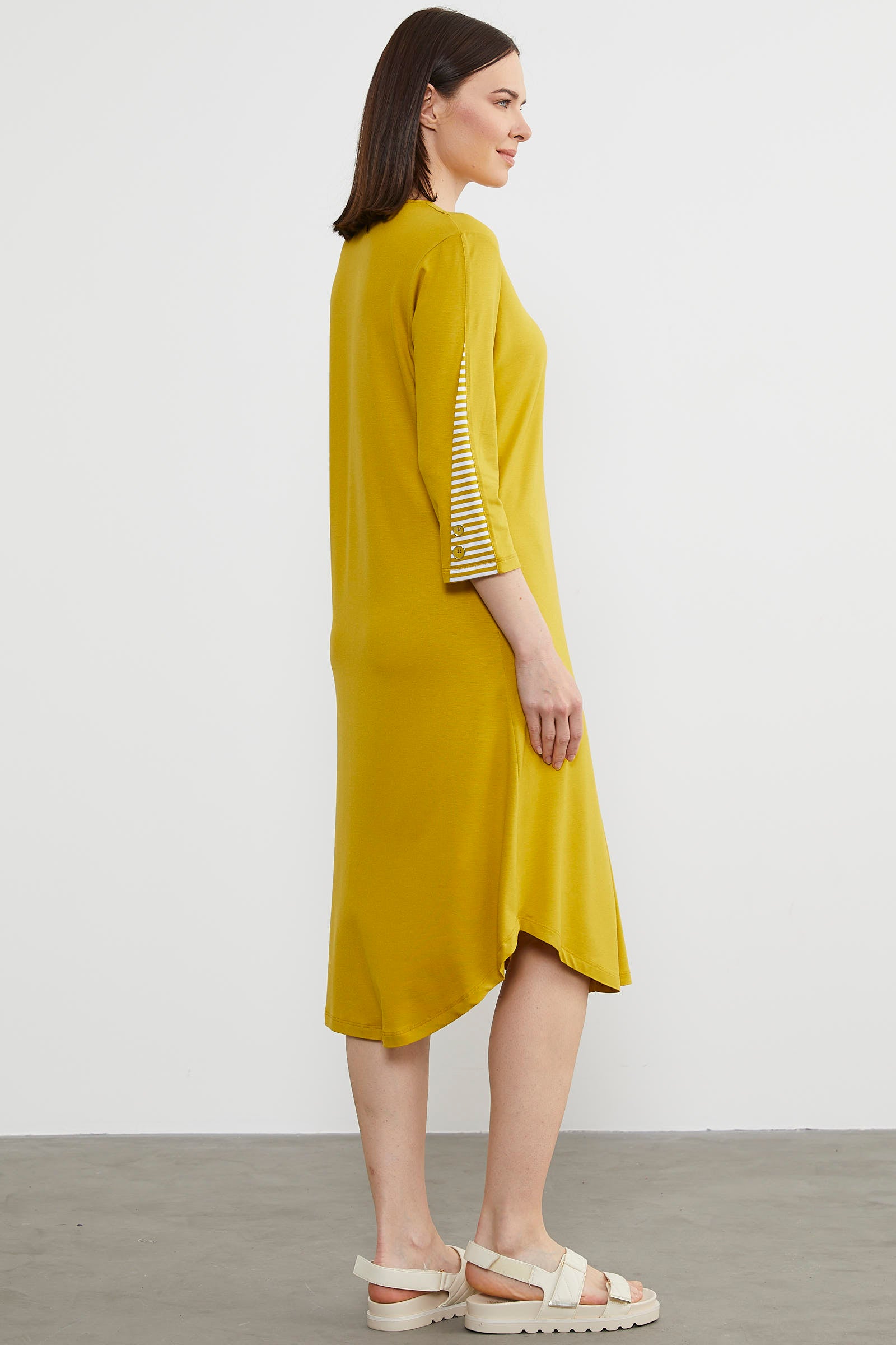 Çizgi Detaylı Dökümlü Penye Elbise - Hardal (6) Sementa