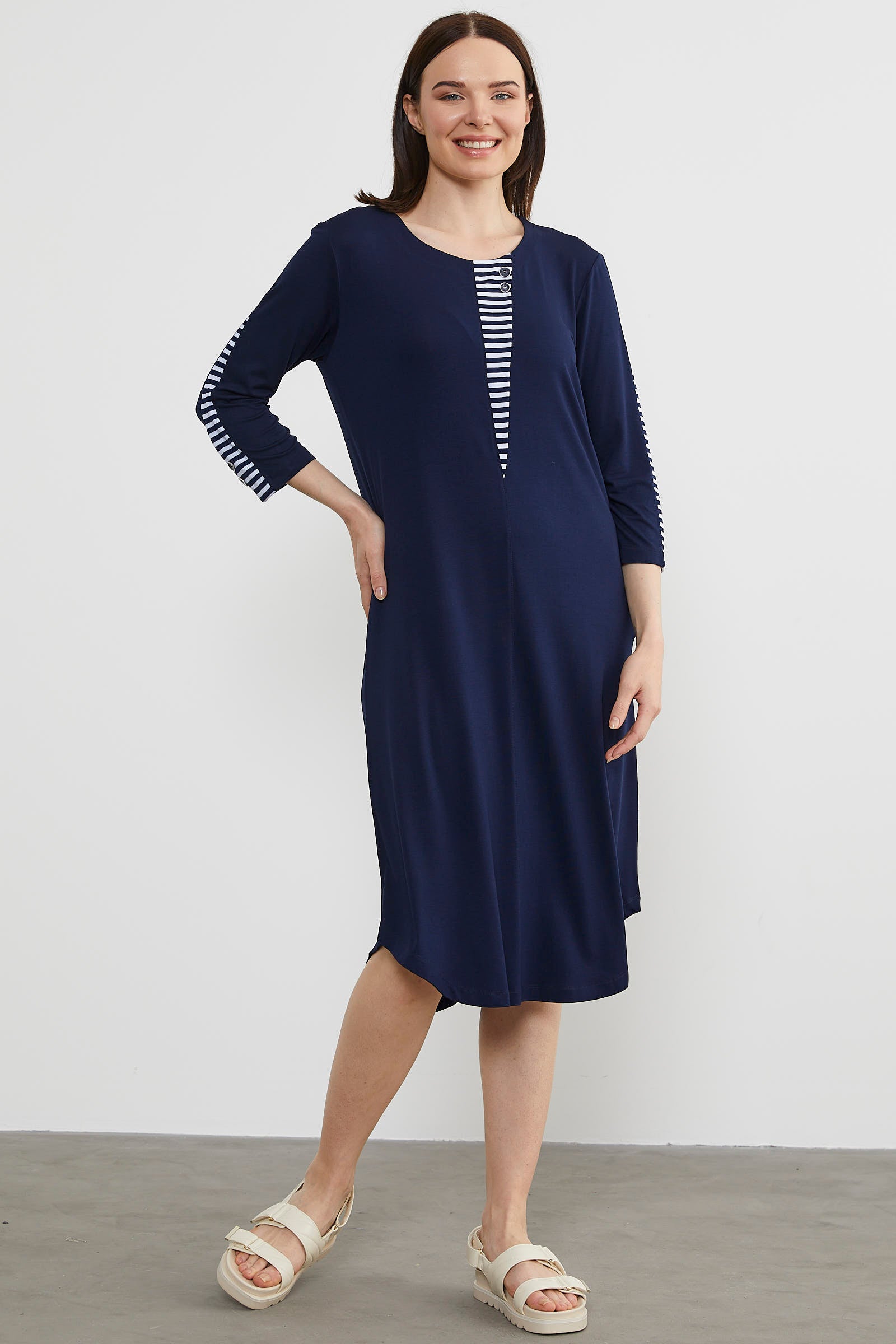 Çizgi Detaylı Dökümlü Penye Elbise - Lacivert (2) Sementa