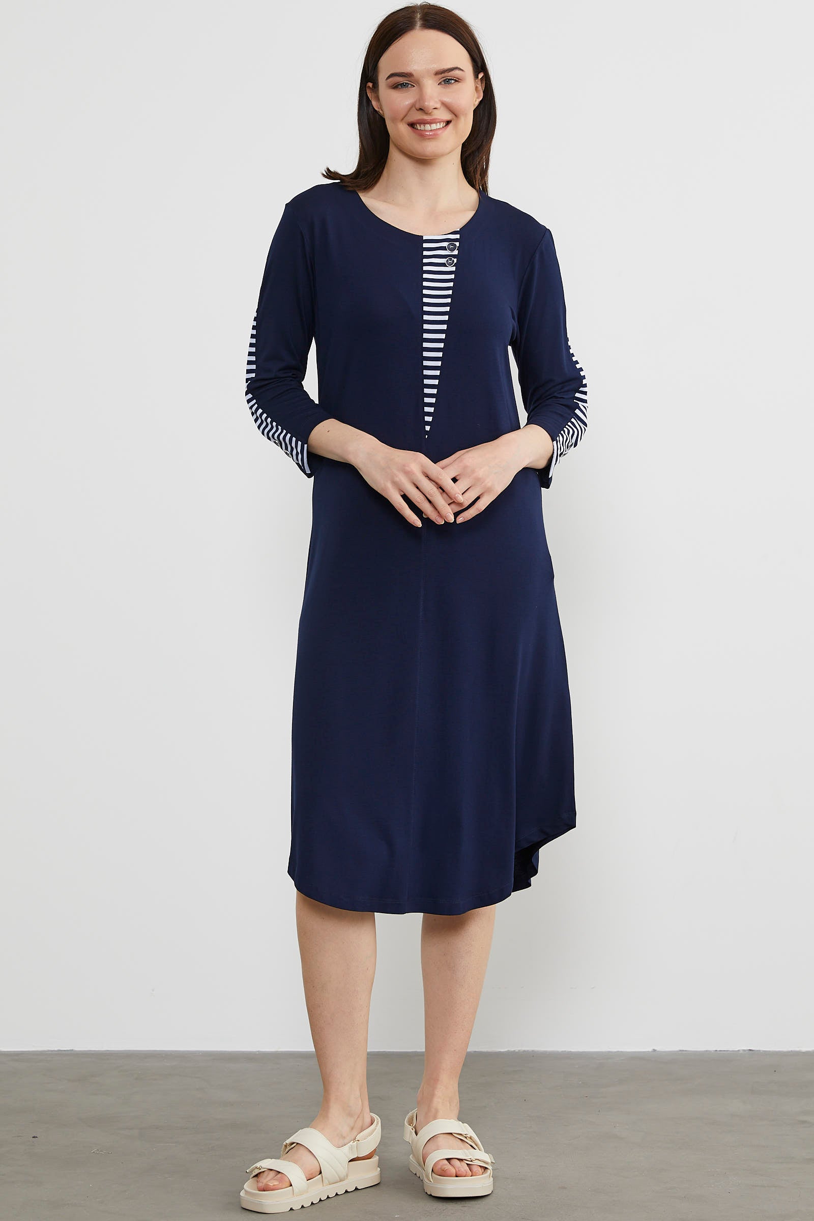 Çizgi Detaylı Dökümlü Penye Elbise - Lacivert (3) Sementa