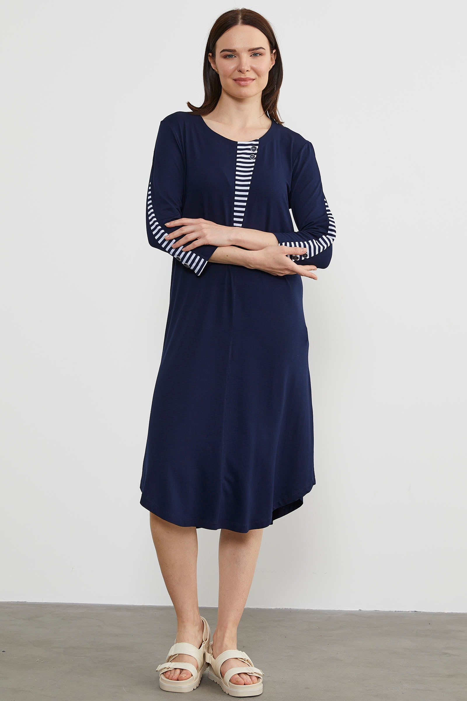 Çizgi Detaylı Dökümlü Penye Elbise - Lacivert (4) Sementa