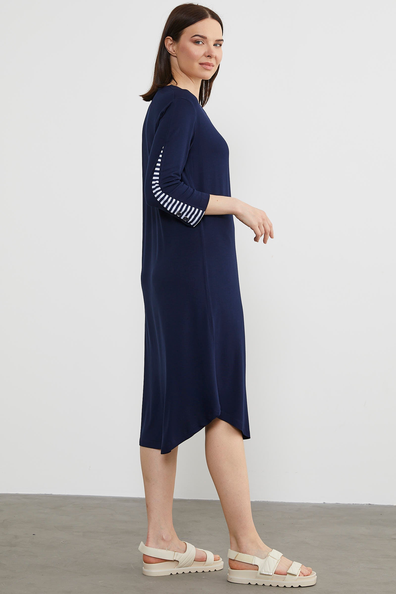 Çizgi Detaylı Dökümlü Penye Elbise - Lacivert (5) Sementa