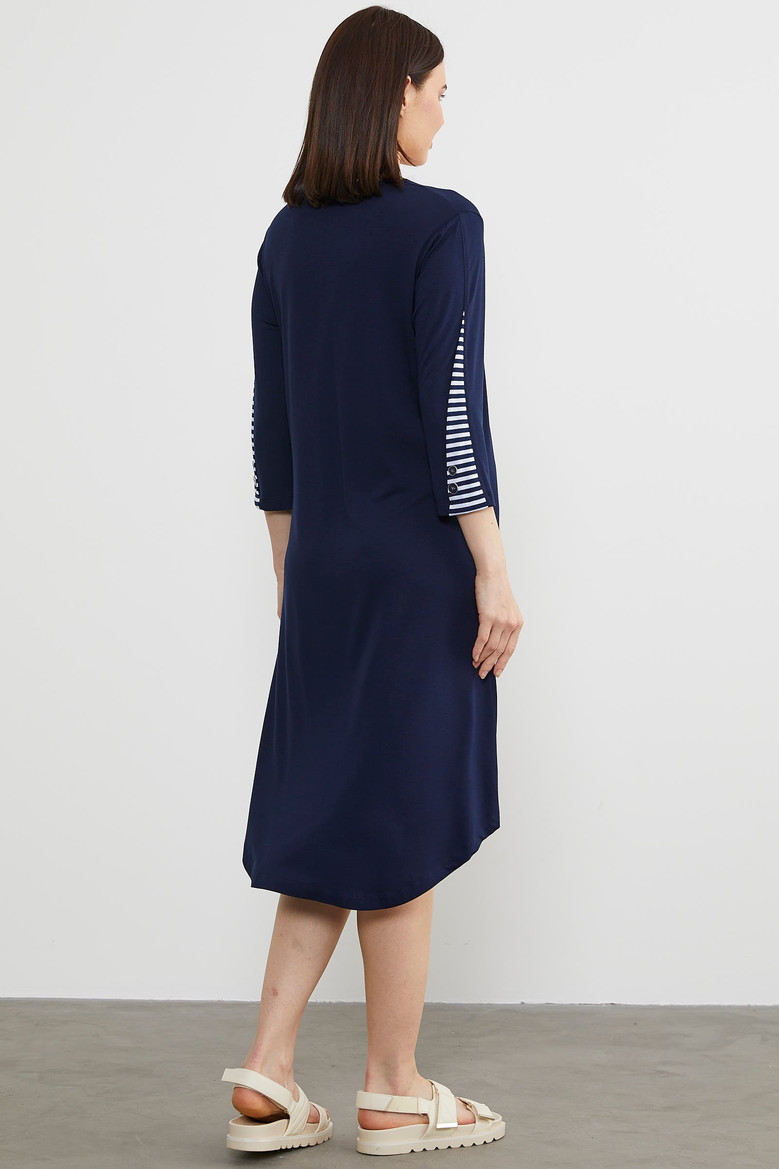 Çizgi Detaylı Dökümlü Penye Elbise - Lacivert (6) Sementa