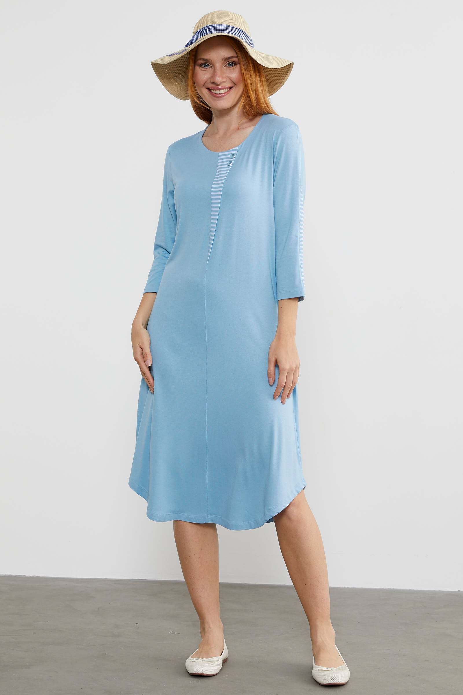 Çizgi Detaylı Dökümlü Penye Elbise - Mavi (2) Sementa