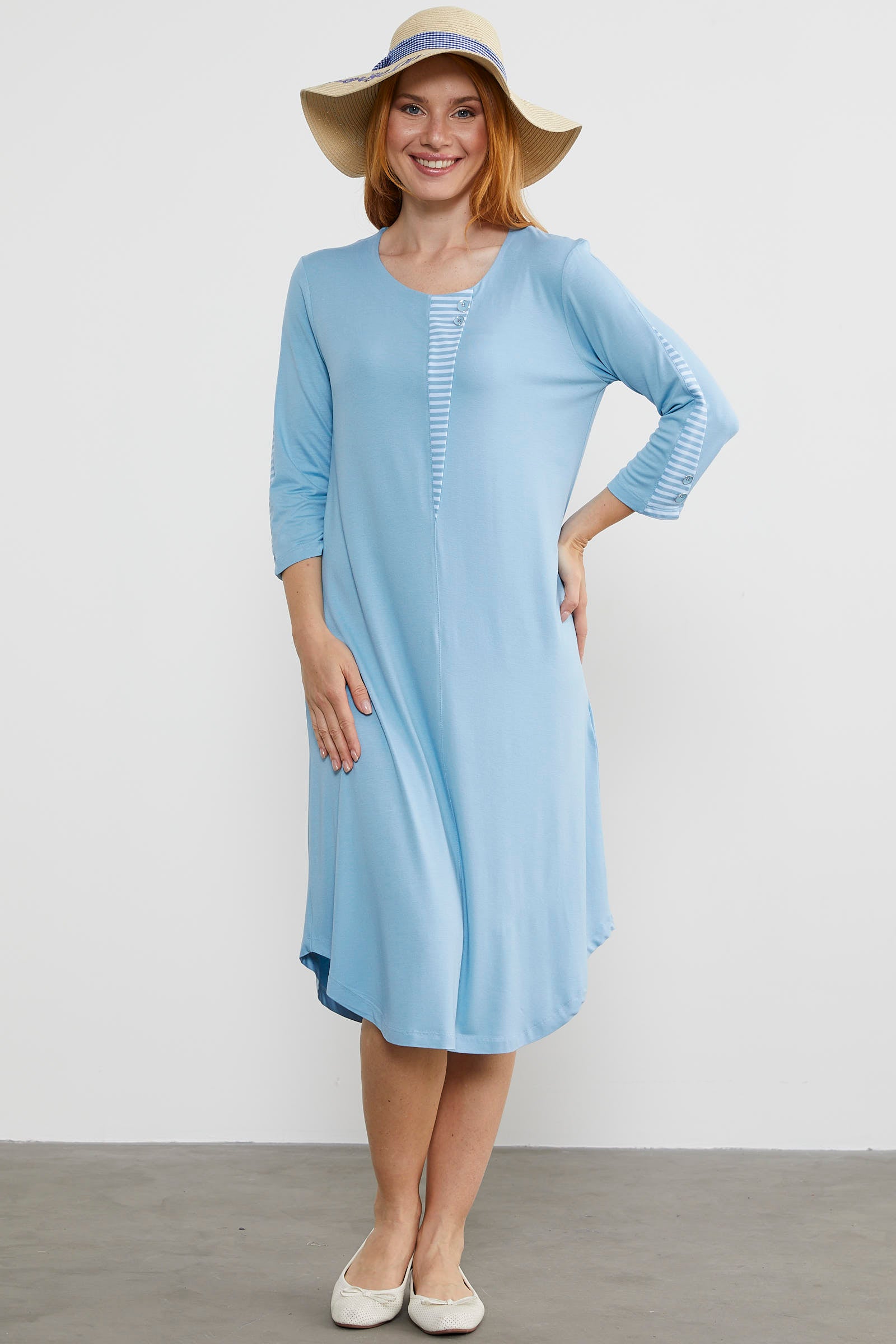 Çizgi Detaylı Dökümlü Penye Elbise - Mavi (3) Sementa