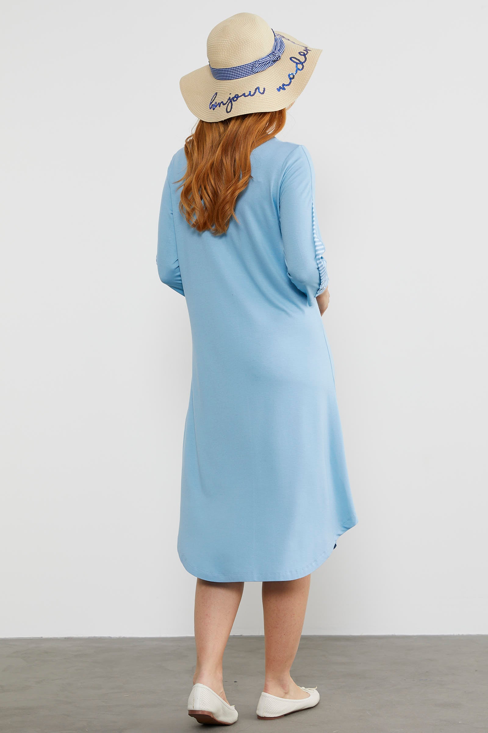 Çizgi Detaylı Dökümlü Penye Elbise - Mavi (6) Sementa