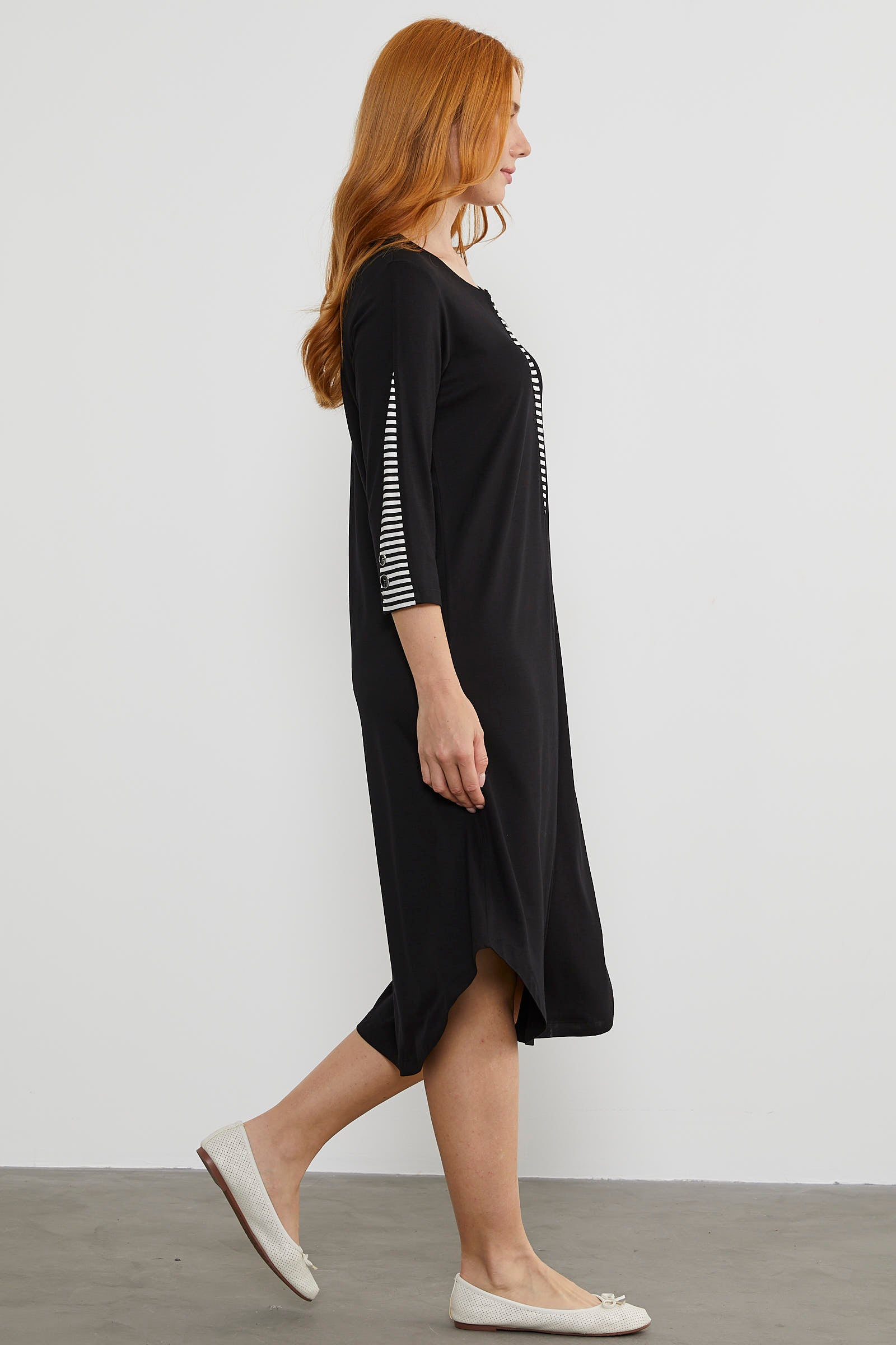 Çizgi Detaylı Dökümlü Penye Elbise - Siyah (4) Sementa