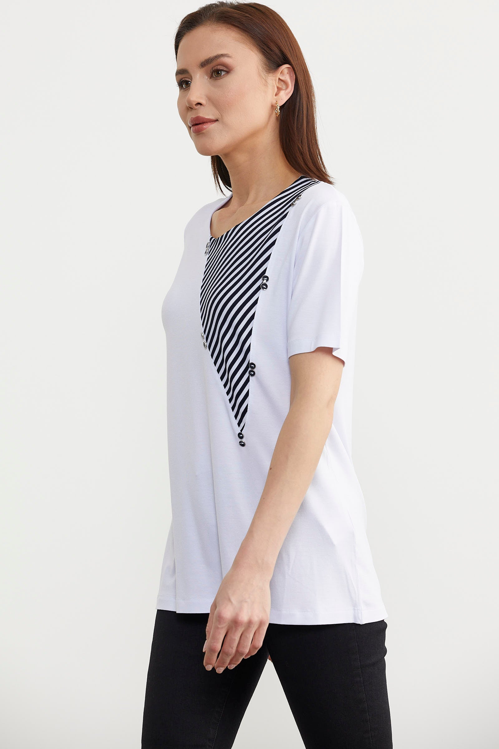 Çizgi Kombinli Dökümlü Bluz - Beyaz (2) Sementa