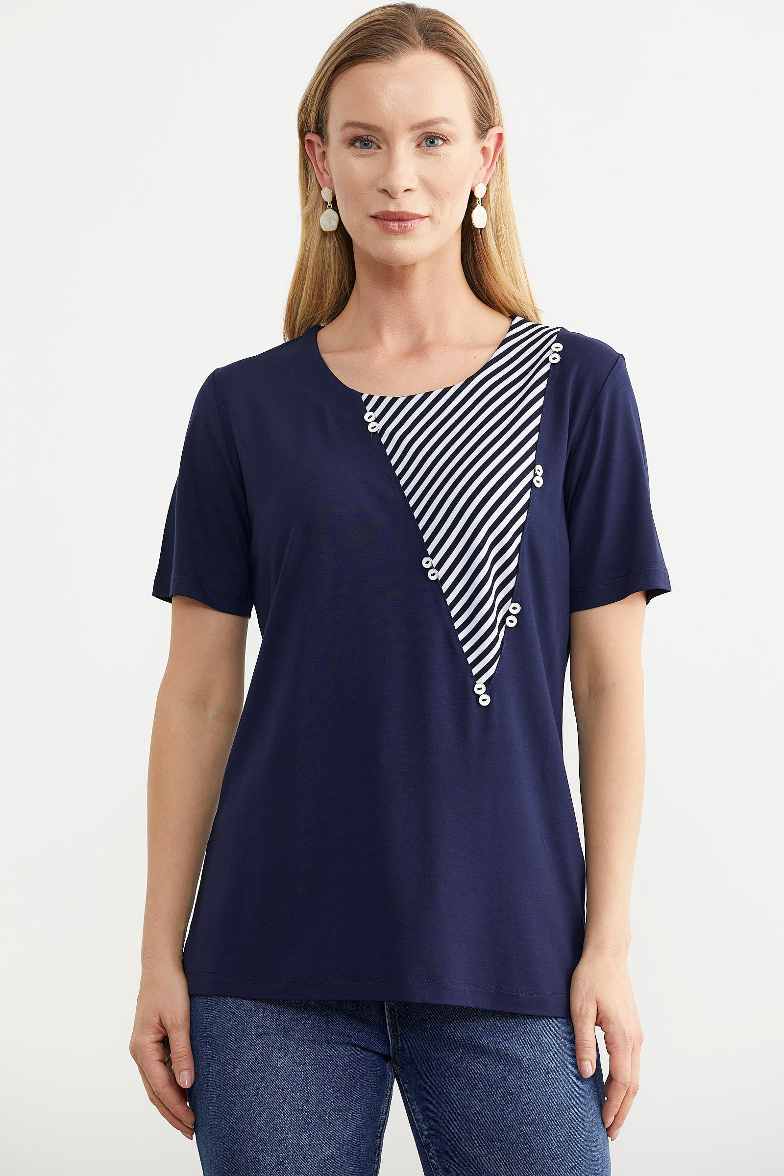 Çizgi Kombinli Dökümlü Bluz - Lacivert (1) Sementa