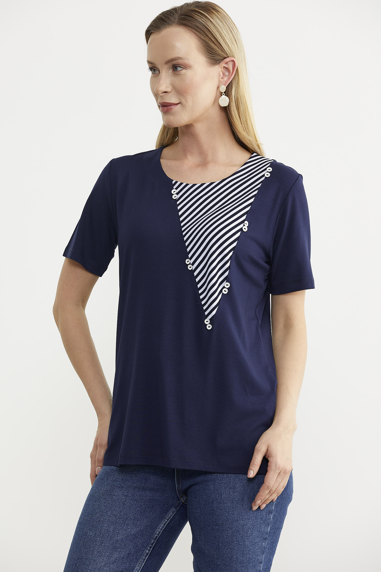 Çizgi Kombinli Dökümlü Bluz - Lacivert (2) Sementa