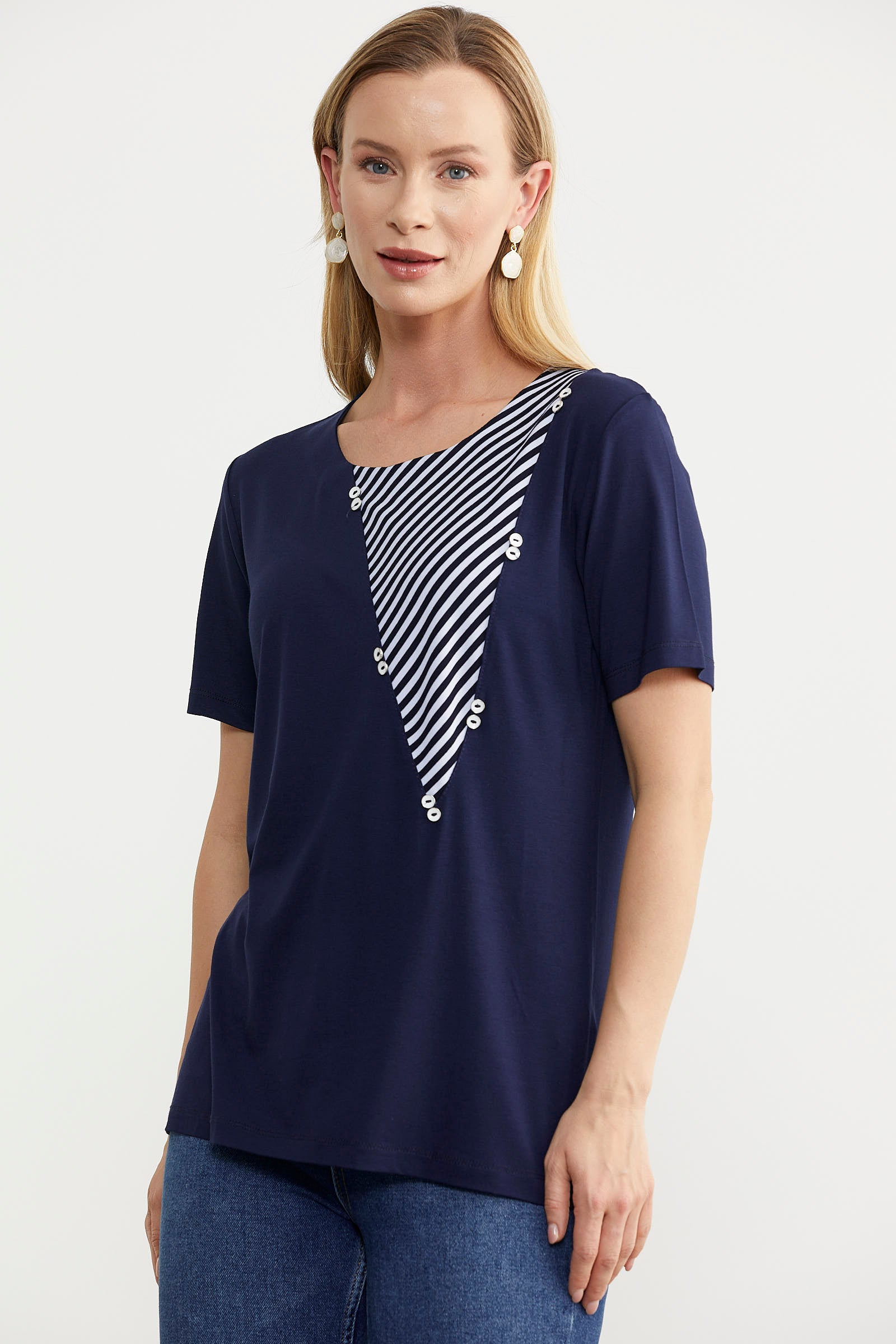 Çizgi Kombinli Dökümlü Bluz - Lacivert (3) Sementa