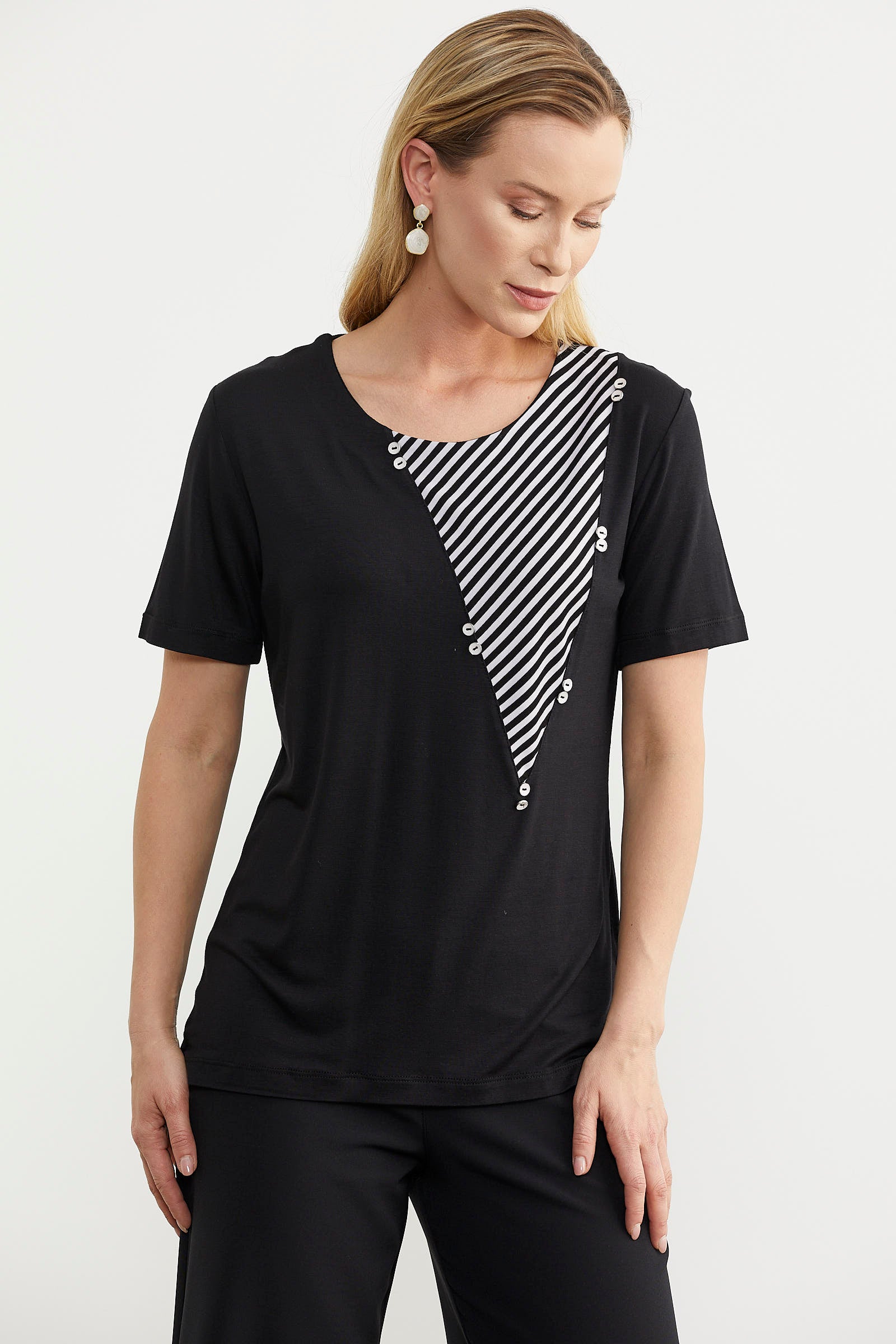 Çizgi Kombinli Dökümlü Bluz - Siyah (4) Sementa