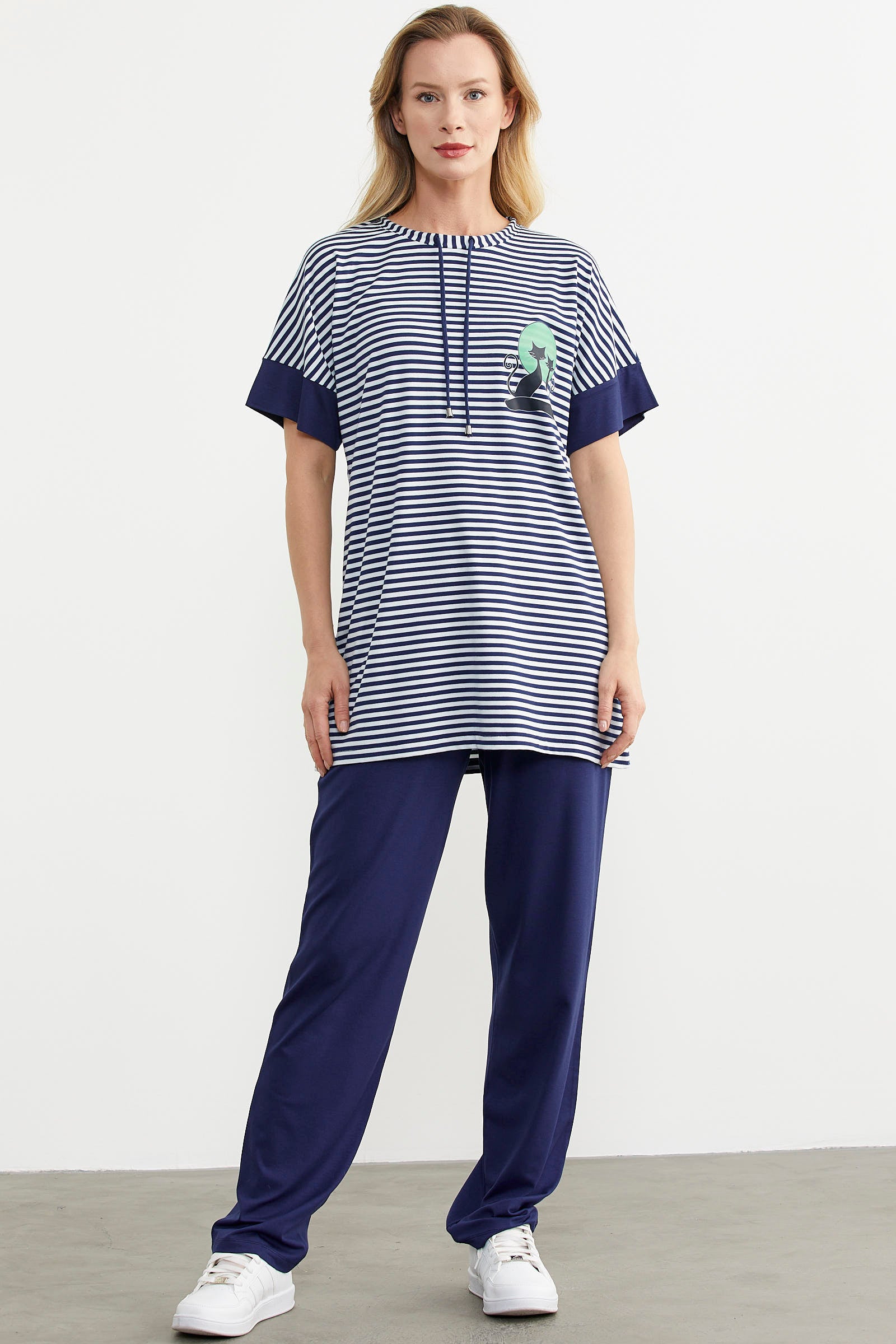 Çizgi Kombinli Penye Pantolon Takım - Lacivert (1) Sementa