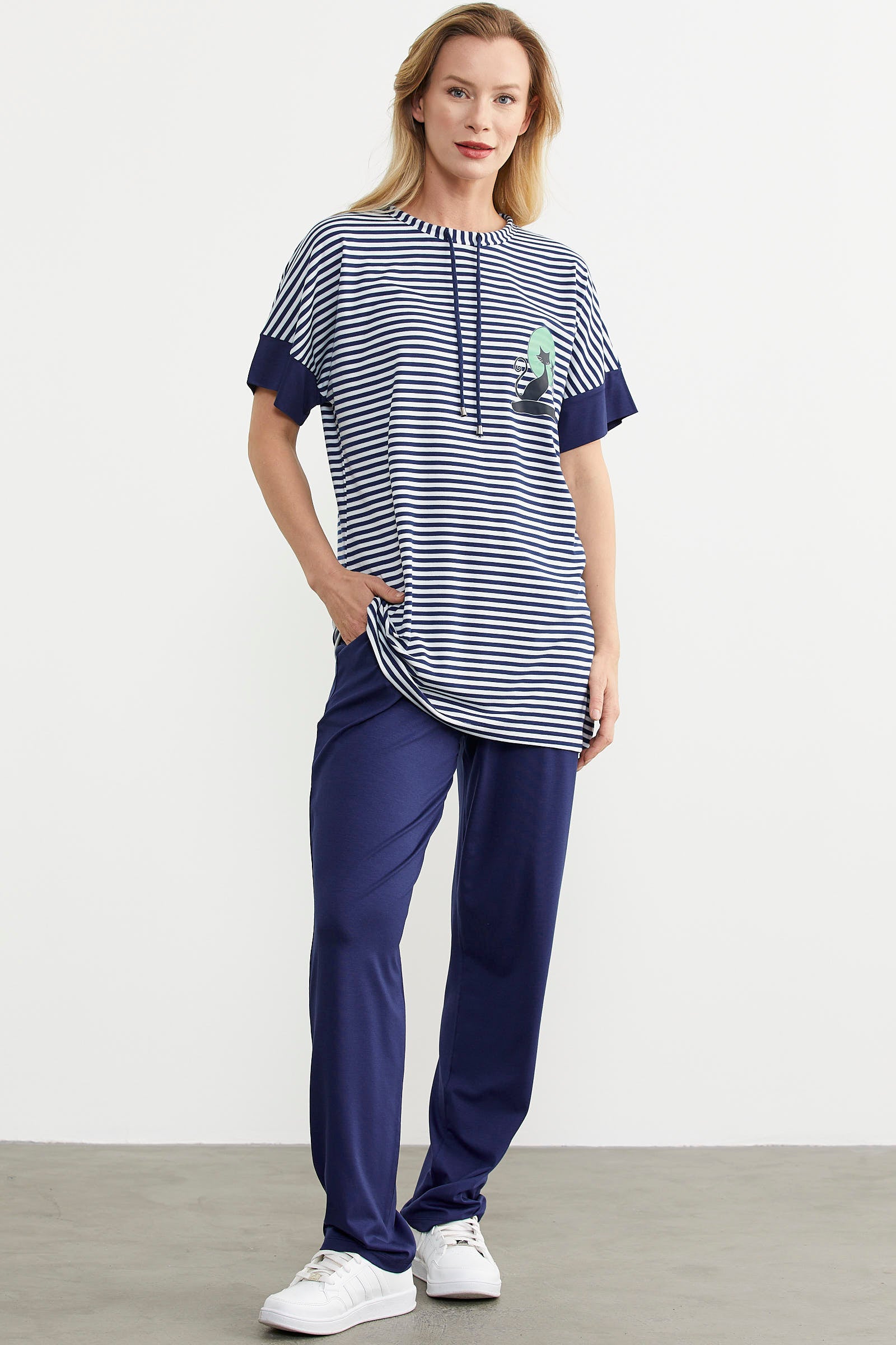 Çizgi Kombinli Penye Pantolon Takım - Lacivert (2) Sementa