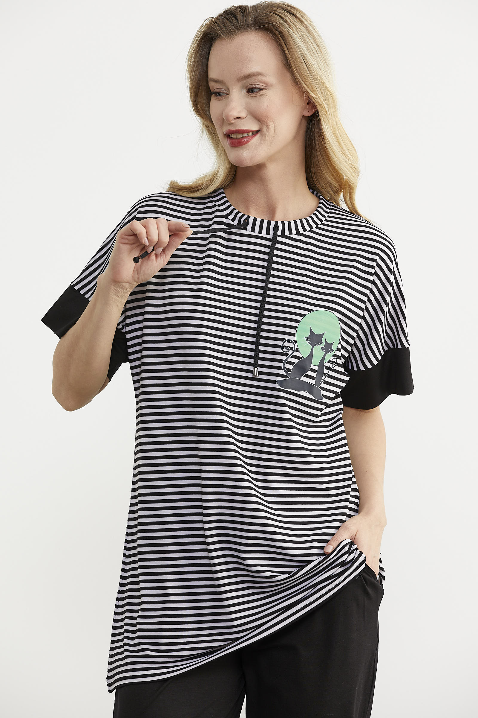 Çizgi Kombinli Penye Pantolon Takım - Siyah (2) Sementa