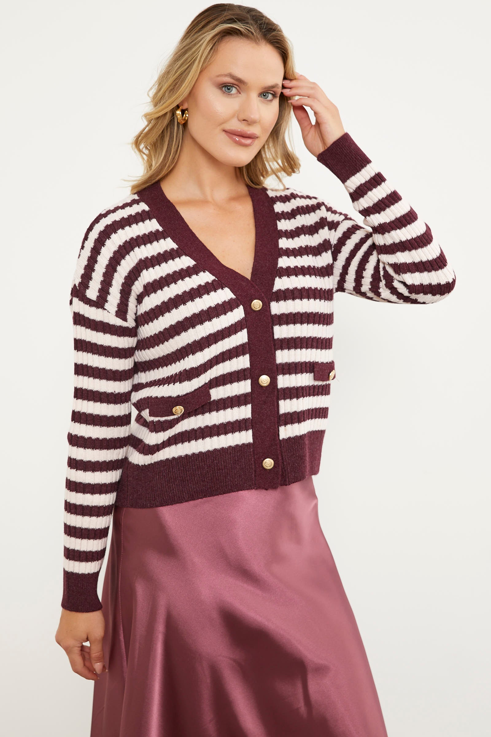 Çizgili Cep Detaylı Triko Hırka - Bordo (2) Sementa