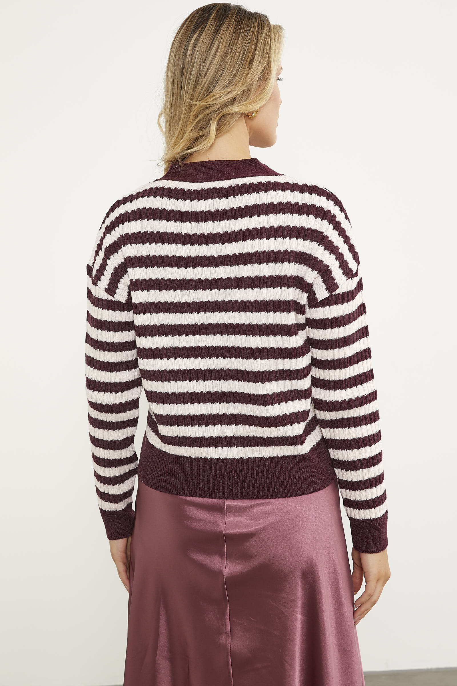 Çizgili Cep Detaylı Triko Hırka - Bordo (5) Sementa