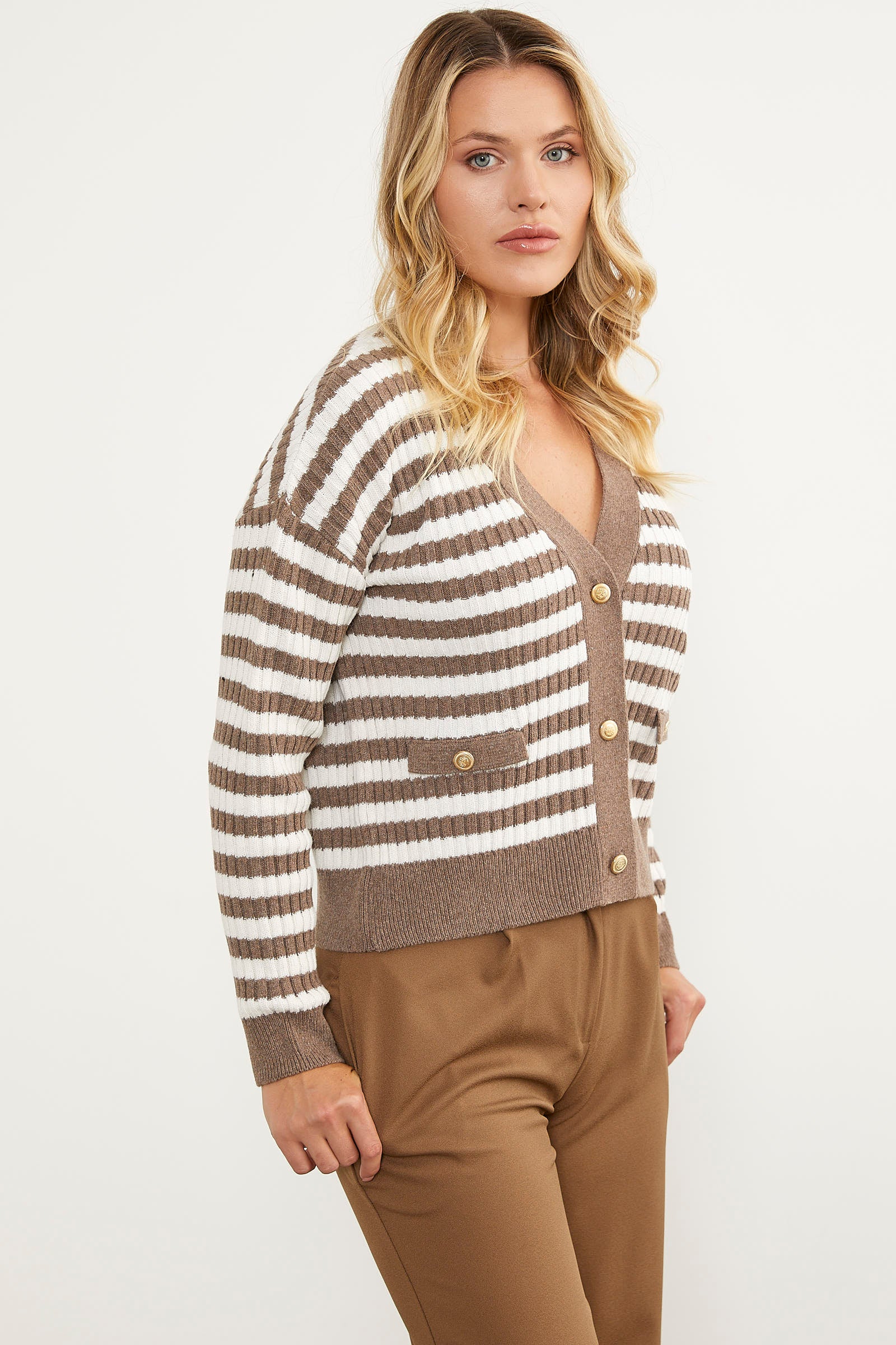 Çizgili Cep Detaylı Triko Hırka - Sütlü Kahve (4) Sementa