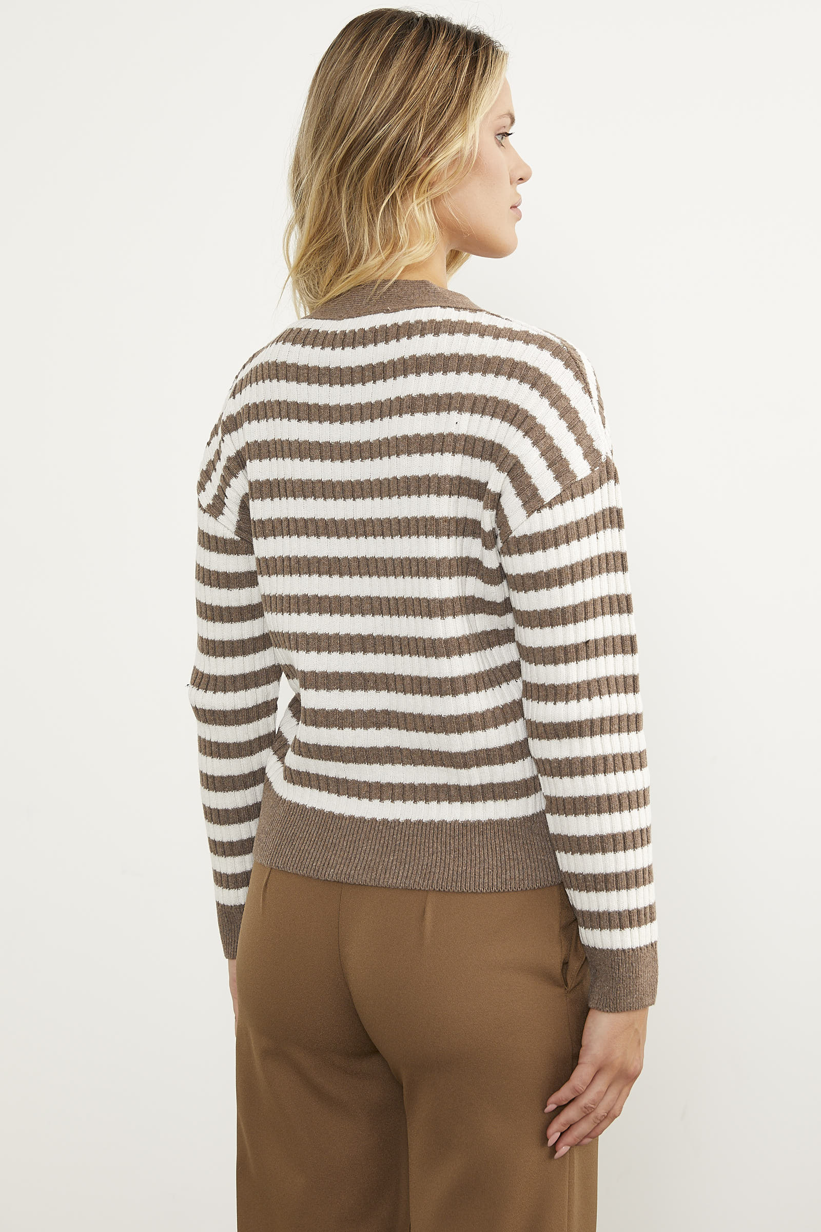 Çizgili Cep Detaylı Triko Hırka - Sütlü Kahve (7) Sementa