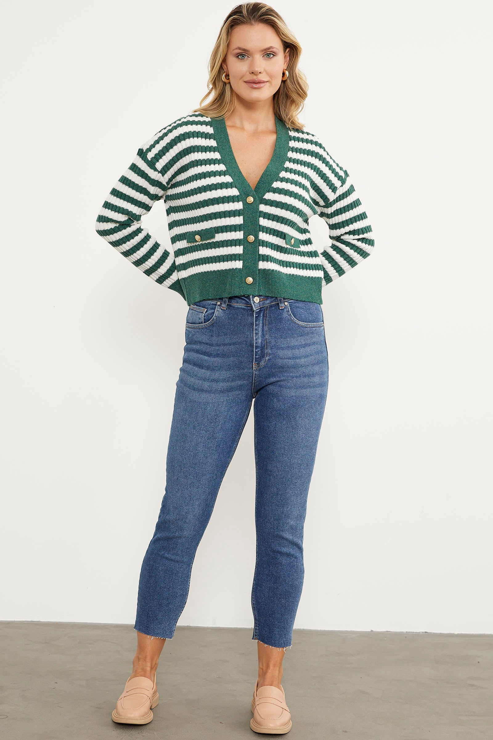 Çizgili Cep Detaylı Triko Hırka - Yeşil (3) Sementa