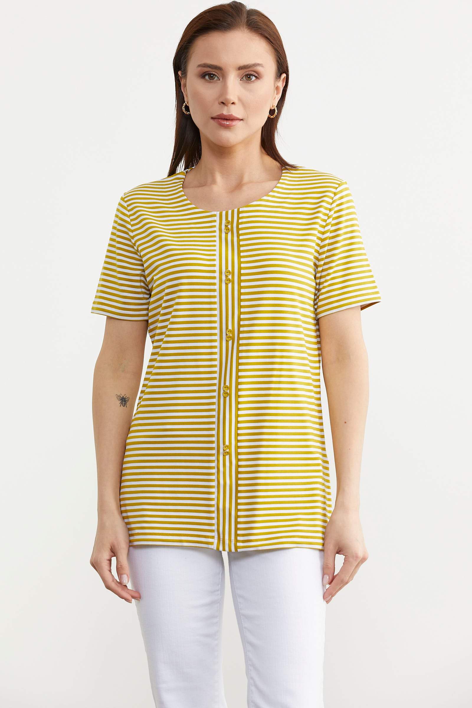 Çizgili Düğme Detaylı Tişört - Hardal (1) Sementa