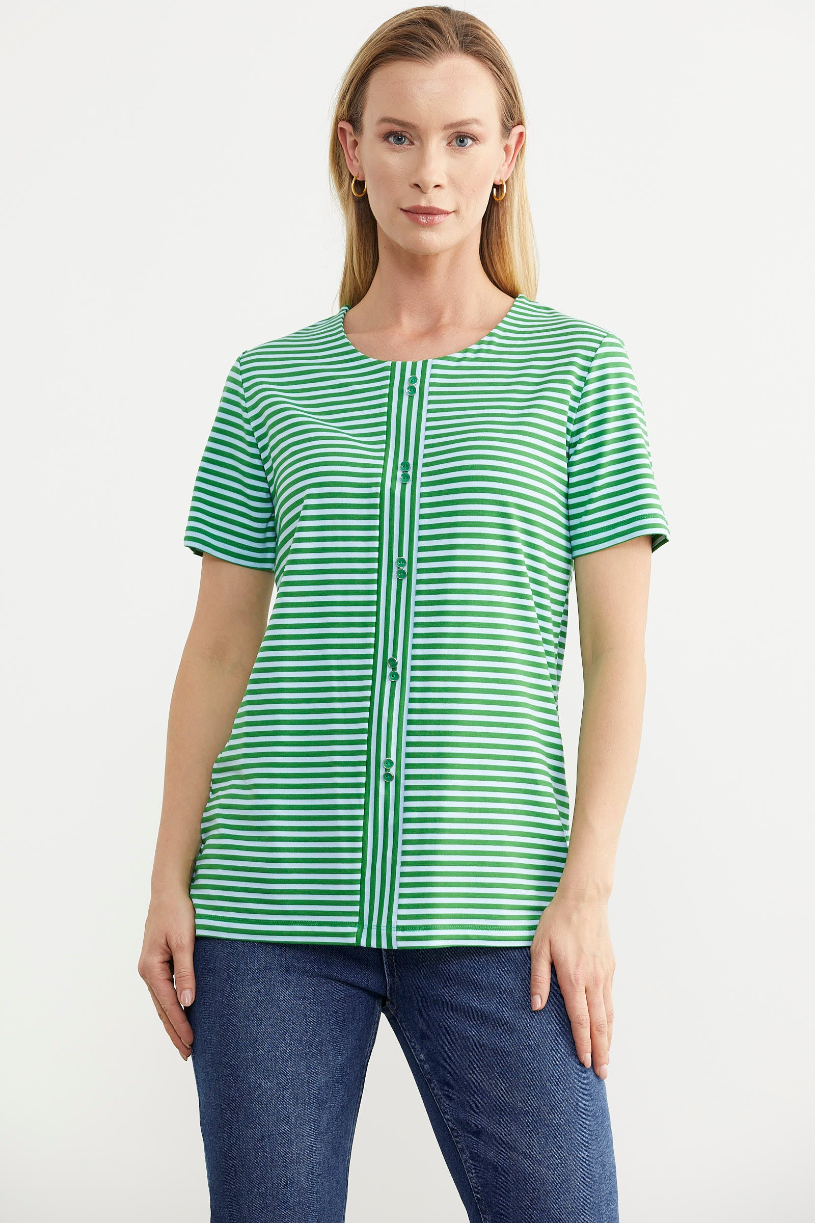 Çizgili Düğme Detaylı Tişört - Yeşil (1) Sementa