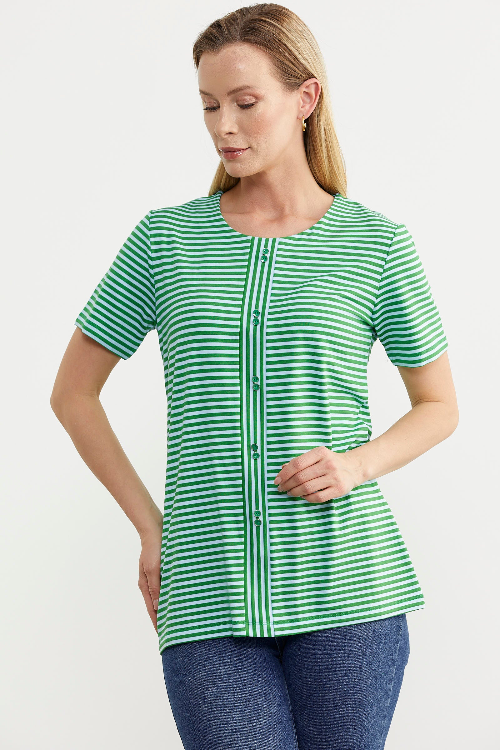 Çizgili Düğme Detaylı Tişört - Yeşil (2) Sementa