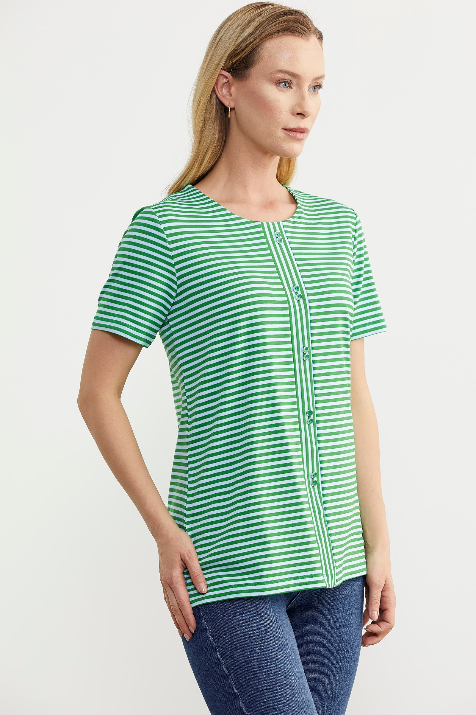 Çizgili Düğme Detaylı Tişört - Yeşil (3) Sementa