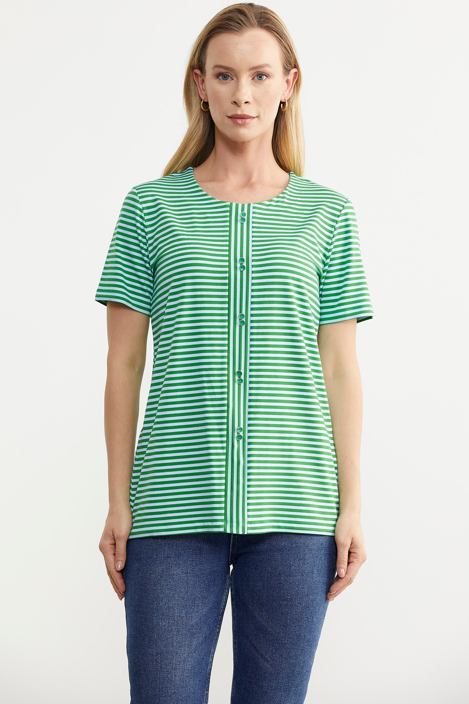 Çizgili Düğme Detaylı Tişört - Yeşil (5) Sementa