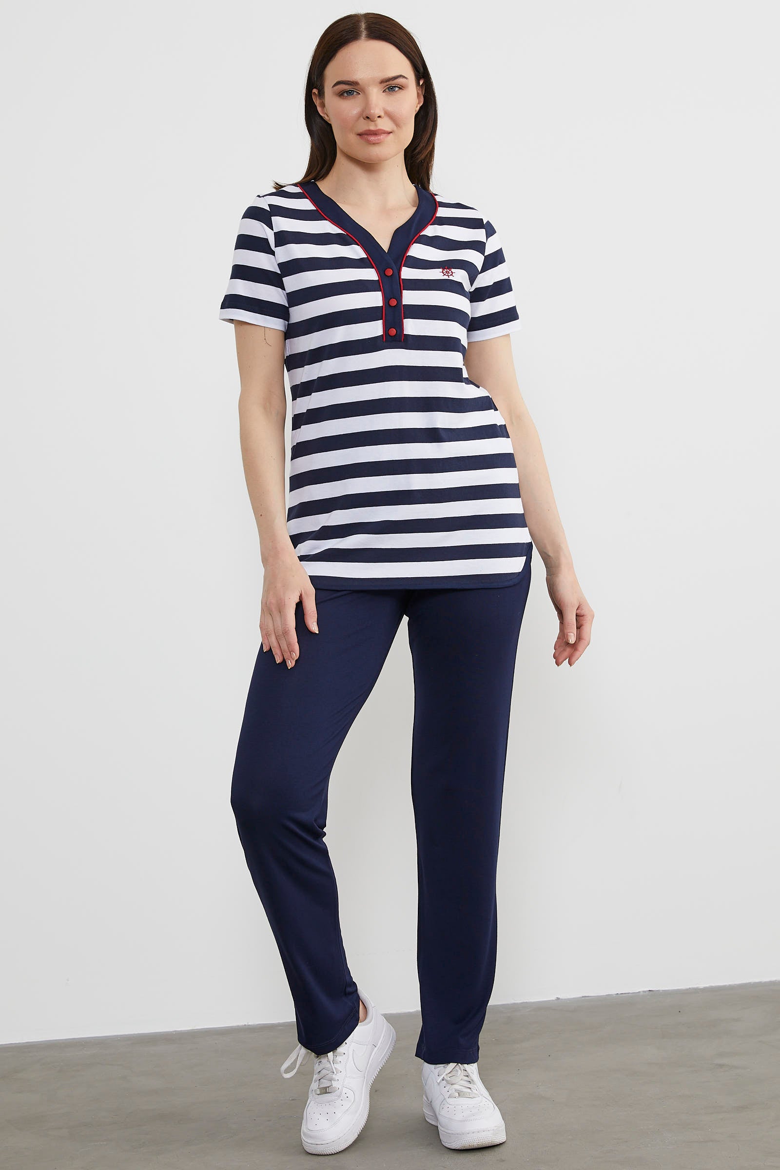 Çizgili Kısa Kol Patlı Yaka Takım - Lacivert (1) Sementa