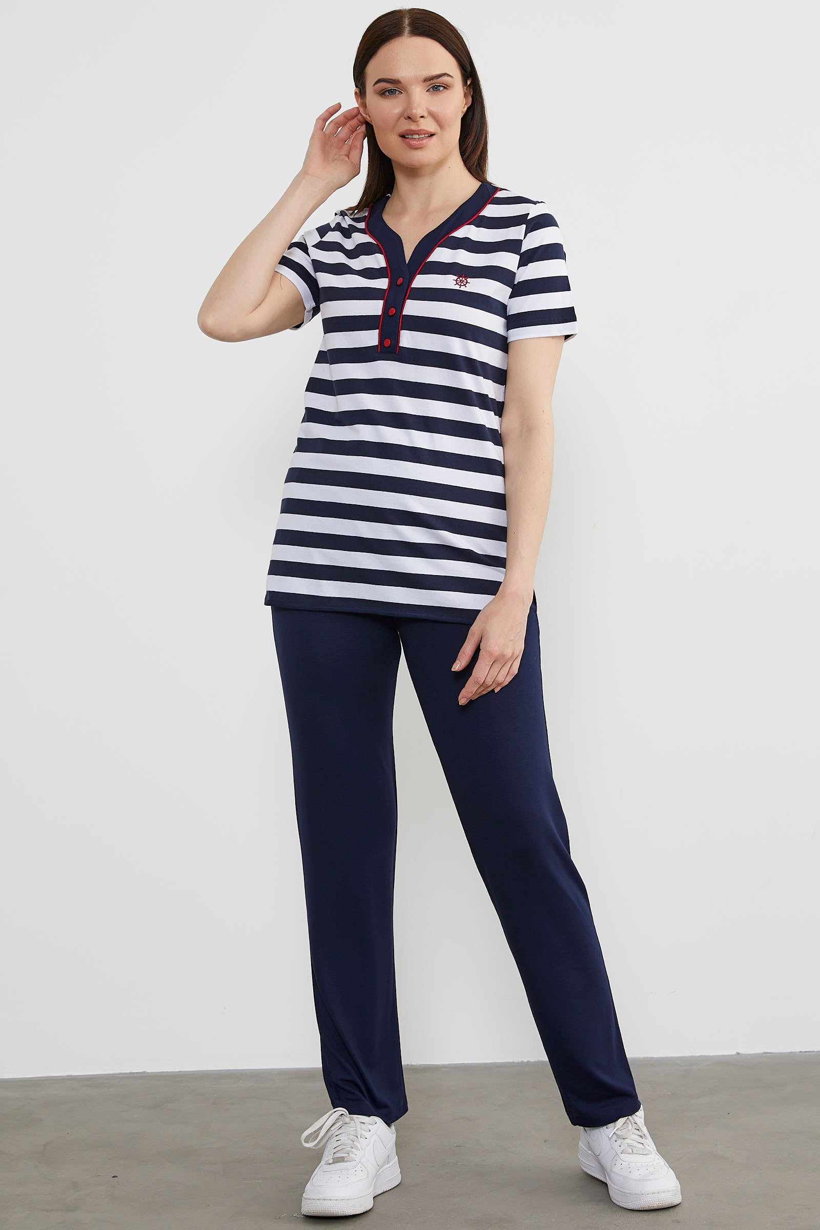 Çizgili Kısa Kol Patlı Yaka Takım - Lacivert (2) Sementa