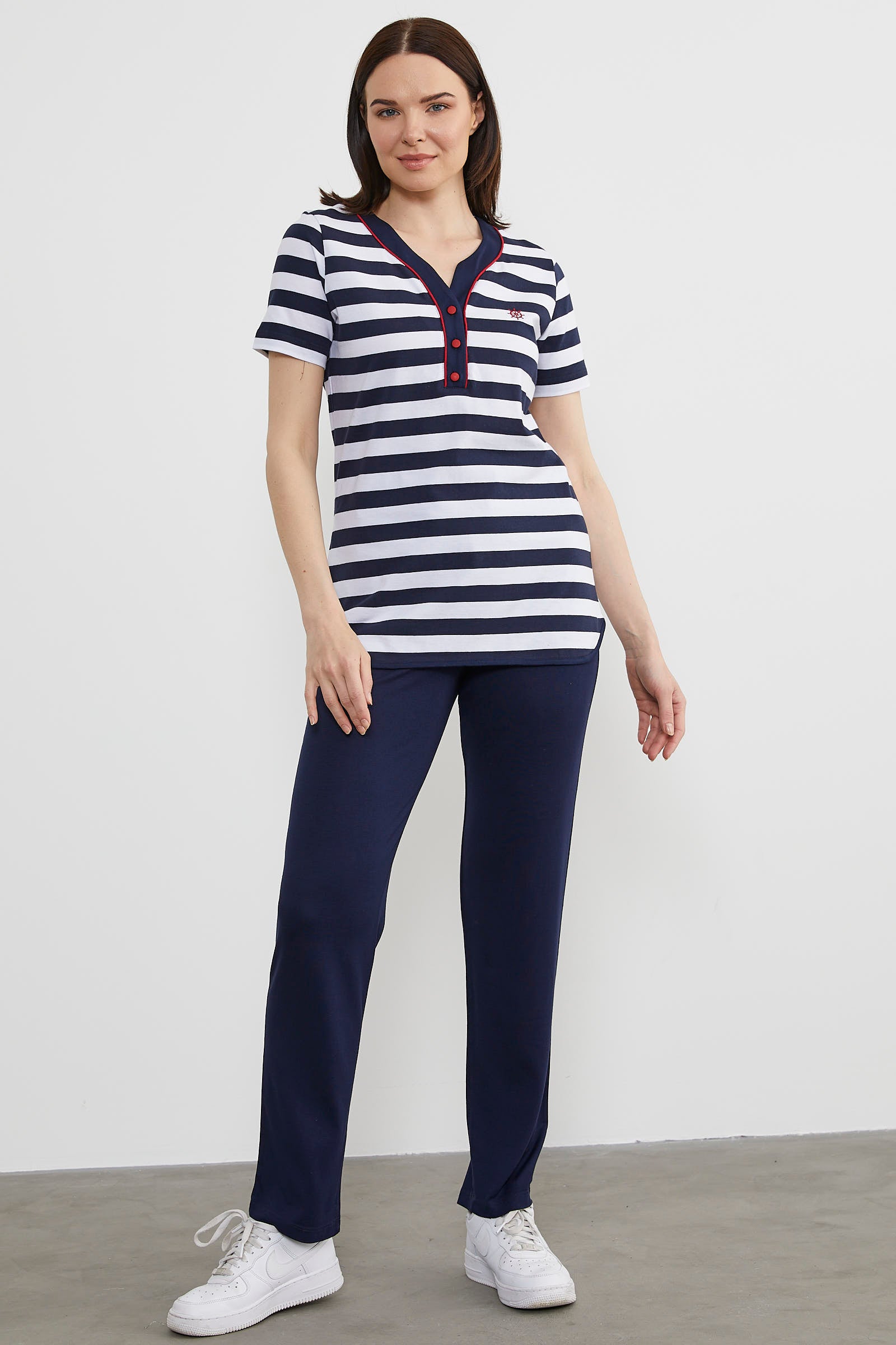 Çizgili Kısa Kol Patlı Yaka Takım - Lacivert (3) Sementa